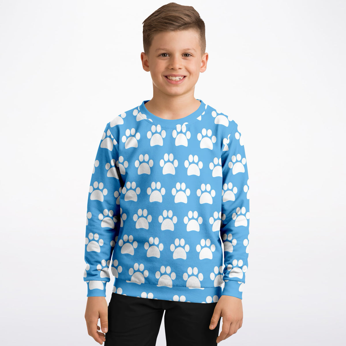 Kids Light Sky Blue Paw Print Sweatshirt – Ultra Soft & Stretchy, Cozy Fleece or Lightweight Sports Fabric Sweatshirt – Ultra Soft & Stretchy, Cozy Fleece or Lightweight Sports Fabric