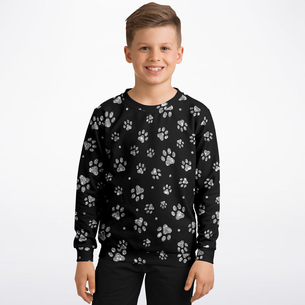 Kids Silver Faux Glitter Paw Print Sweatshirt – Ultra Soft & Stretchy, Cozy Fleece or Lightweight Sports Fabric Sweatshirt – Ultra Soft & Stretchy, Cozy Fleece or Lightweight Sports Fabric