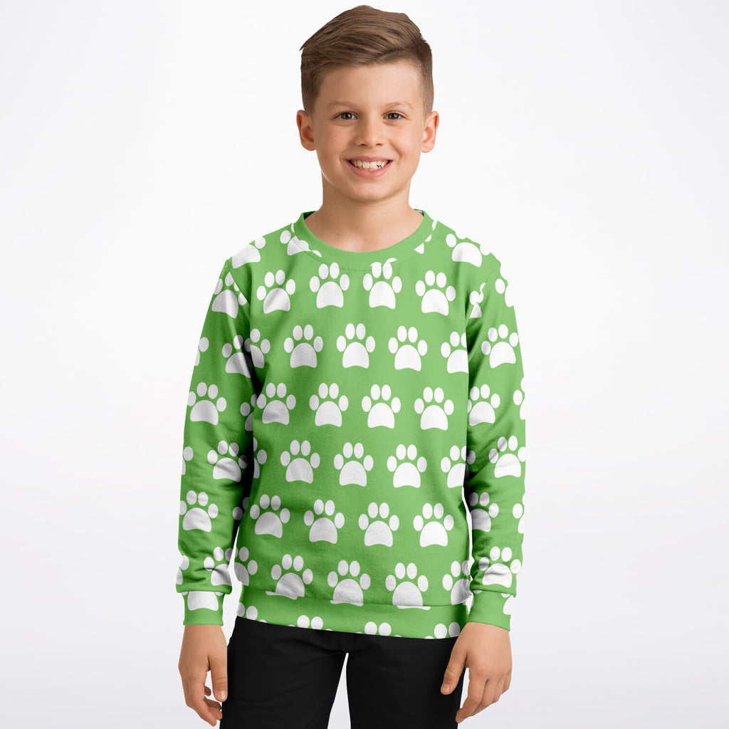 Kids Green Paw Print Sweatshirt – Ultra Soft & Stretchy, Cozy Fleece or Lightweight Sports Fabric Sweatshirt – Ultra Soft & Stretchy, Cozy Fleece or Lightweight Sports Fabric