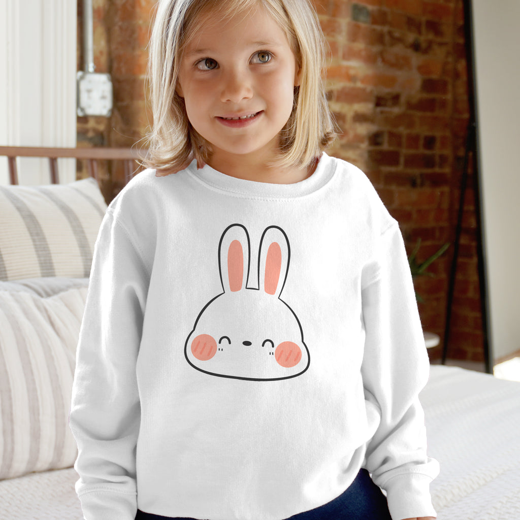 White long-sleeved kids bunny face sweatshirt with cute cartoon rabbit design pink ears and rosy cheeks