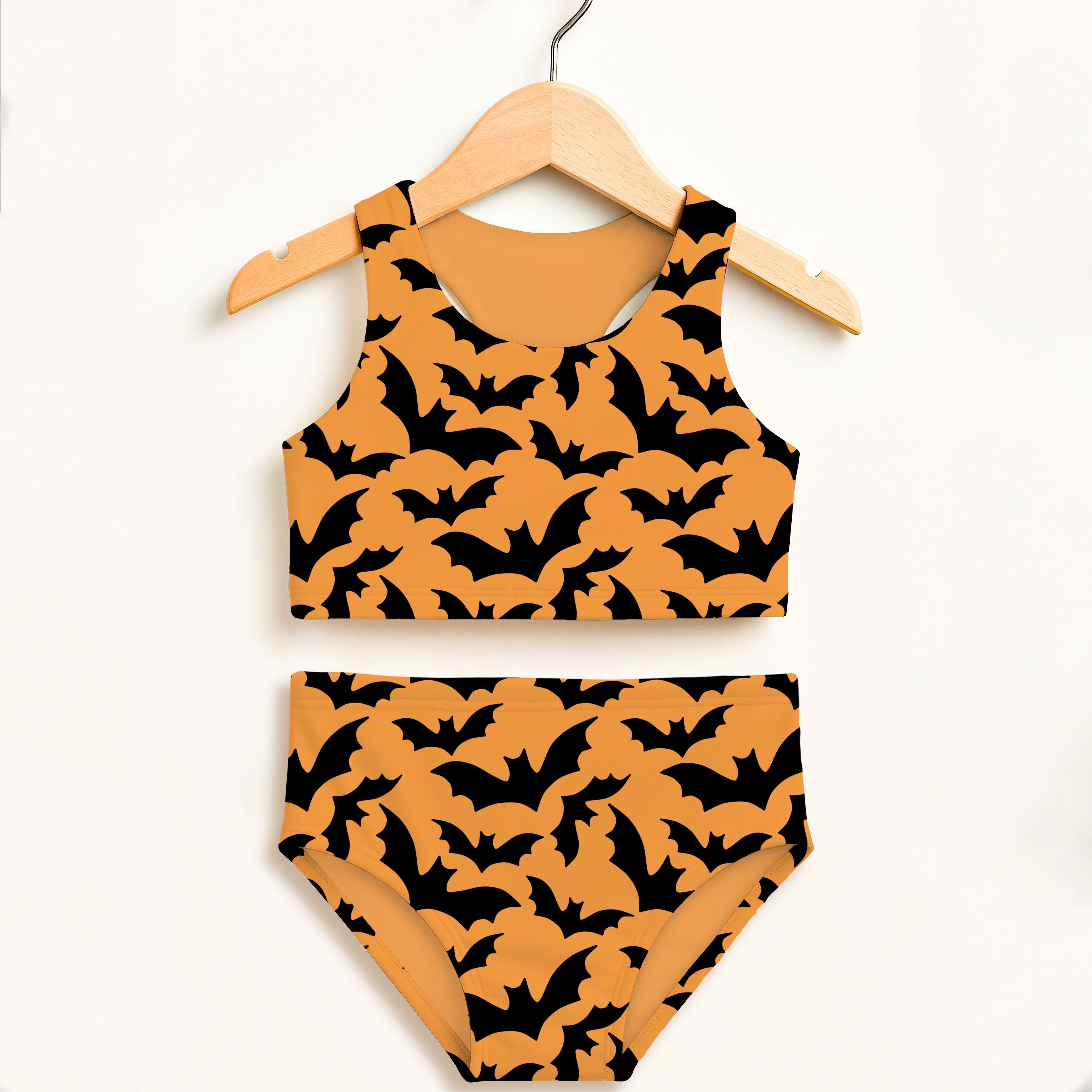 Girls Orange Bat Two Piece Swimsuit – Double Layered UPF 50+ High Waisted Comfort