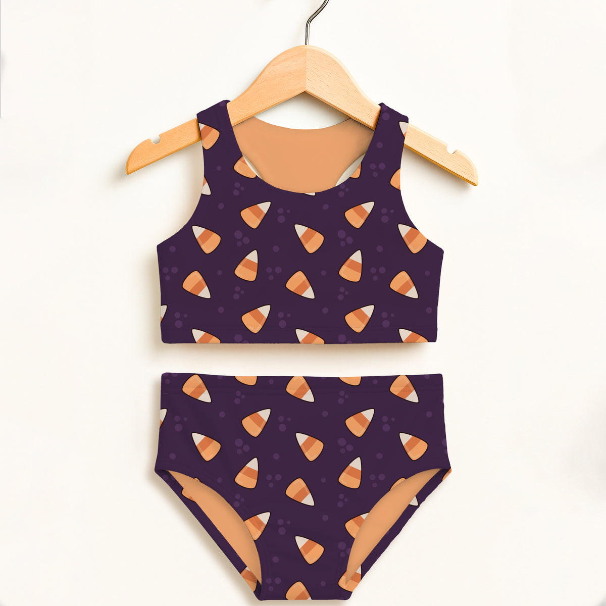 Girls Dark Purple Candy Corn Halloween Two Piece Swimsuit – Double Layered UPF 50+ High Waisted Comfort