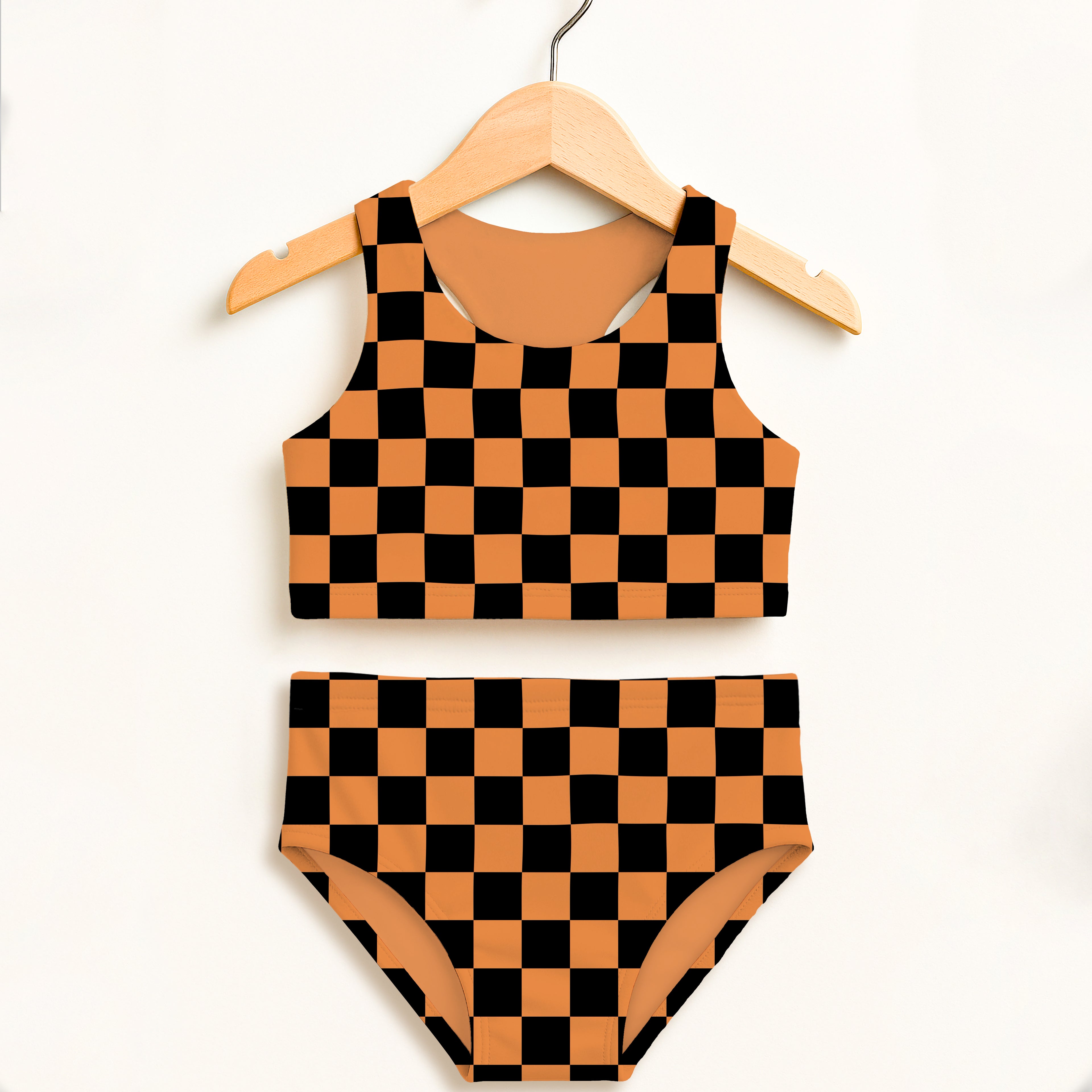 Girls Orange Checkered Halloween Two Piece Swimsuit – Double Layered UPF 50+ High Waisted Comfort
