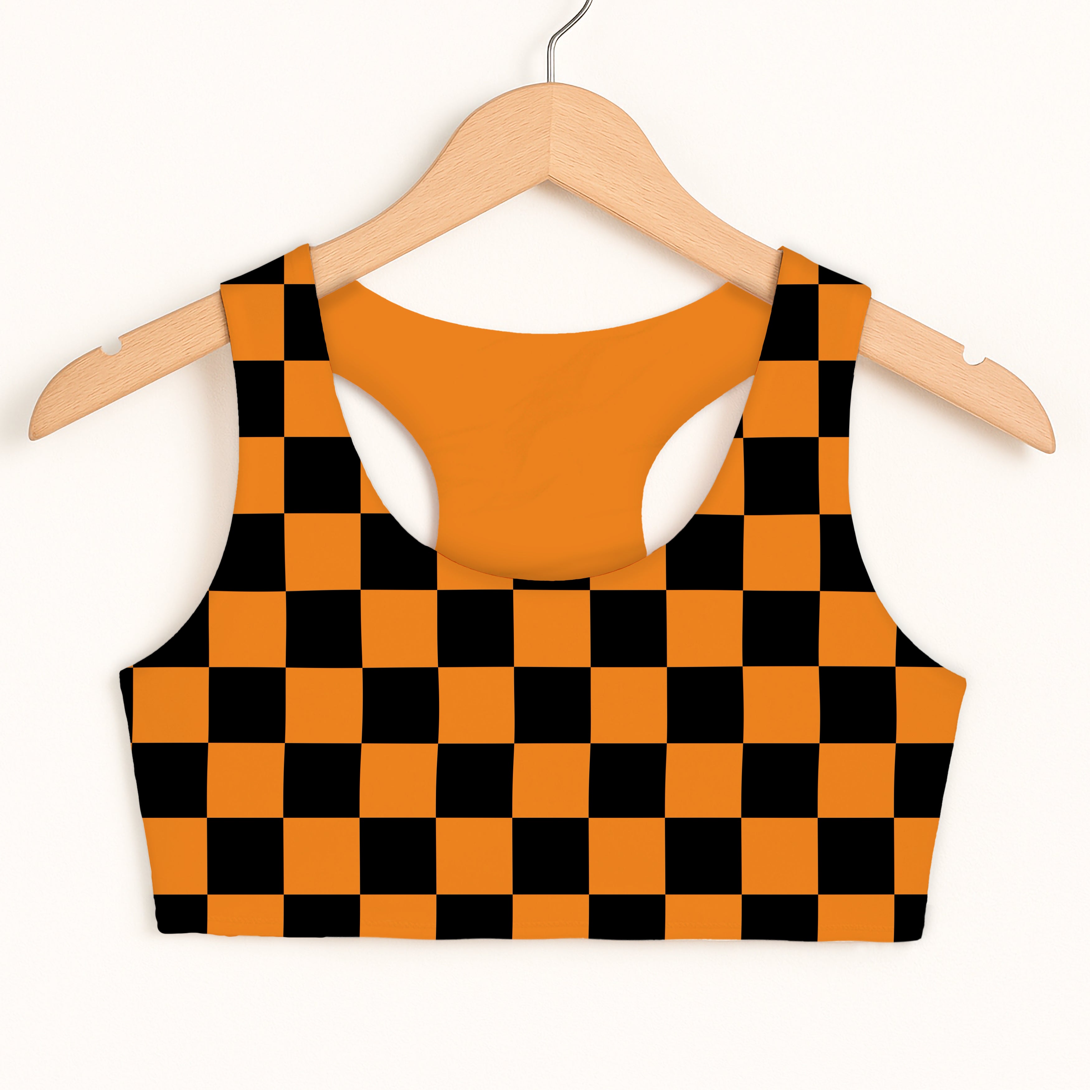 Girls Orange Checkered Halloween Sports Bra - Quick Drying, Double Layered Comfort