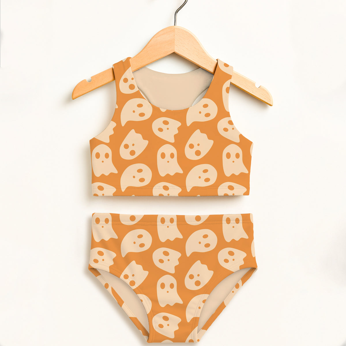 Girls Orange Ghost Halloween Two Piece Swimsuit – Double Layered UPF 50+ High Waisted Comfort