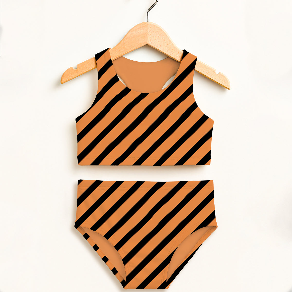 Girls Orange Diagonal Stripes Halloween Two Piece Swimsuit – Double Layered UPF 50+ High Waisted Comfort