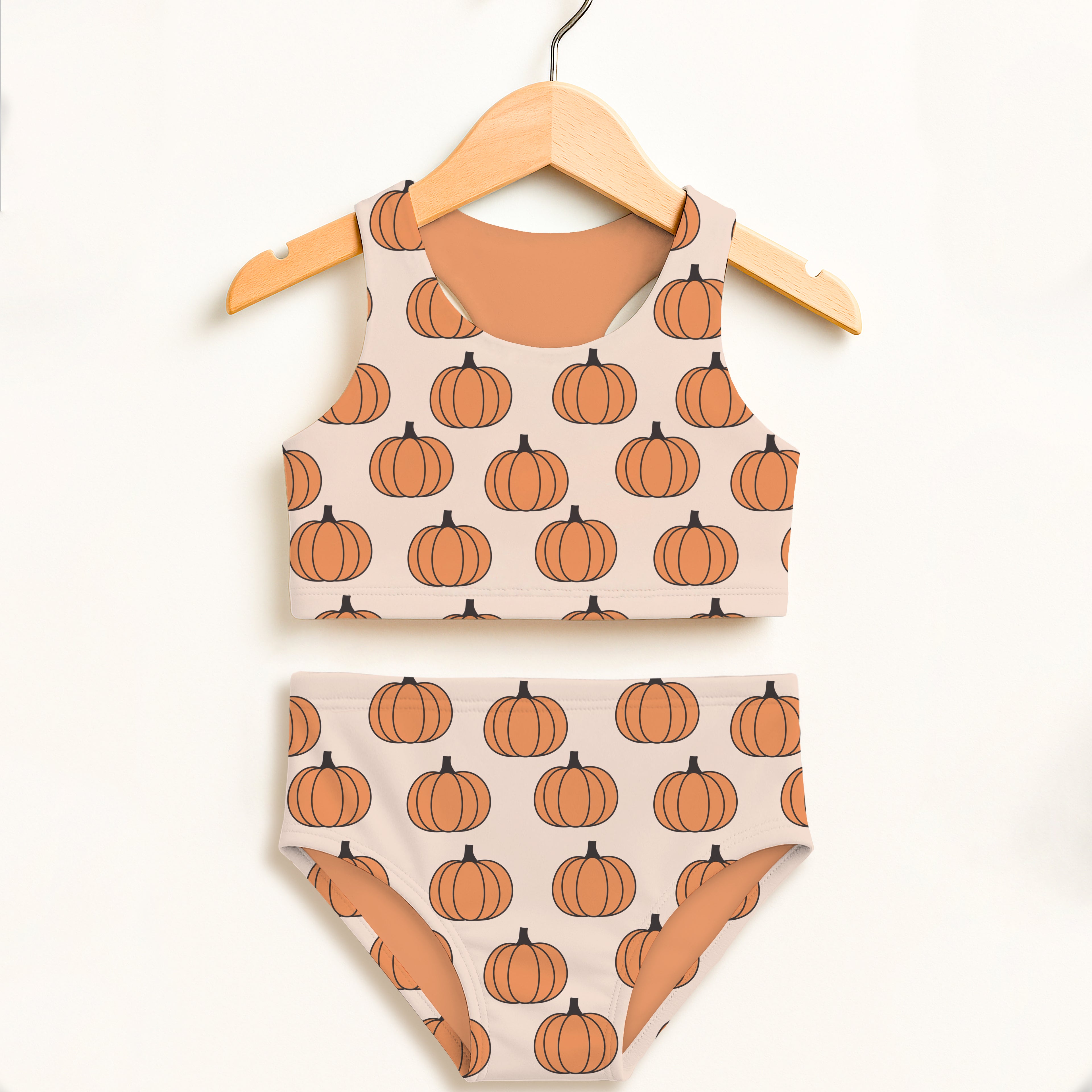 Girls Autumn Orange Pumpkin Two Piece Swimsuit – Double Layered UPF 50+ High Waisted Comfort