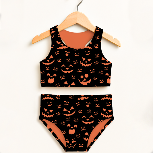 Girls Orange Jack-O’-Lantern Halloween Two Piece Swimsuit – High Waisted, Double Layered Comfort