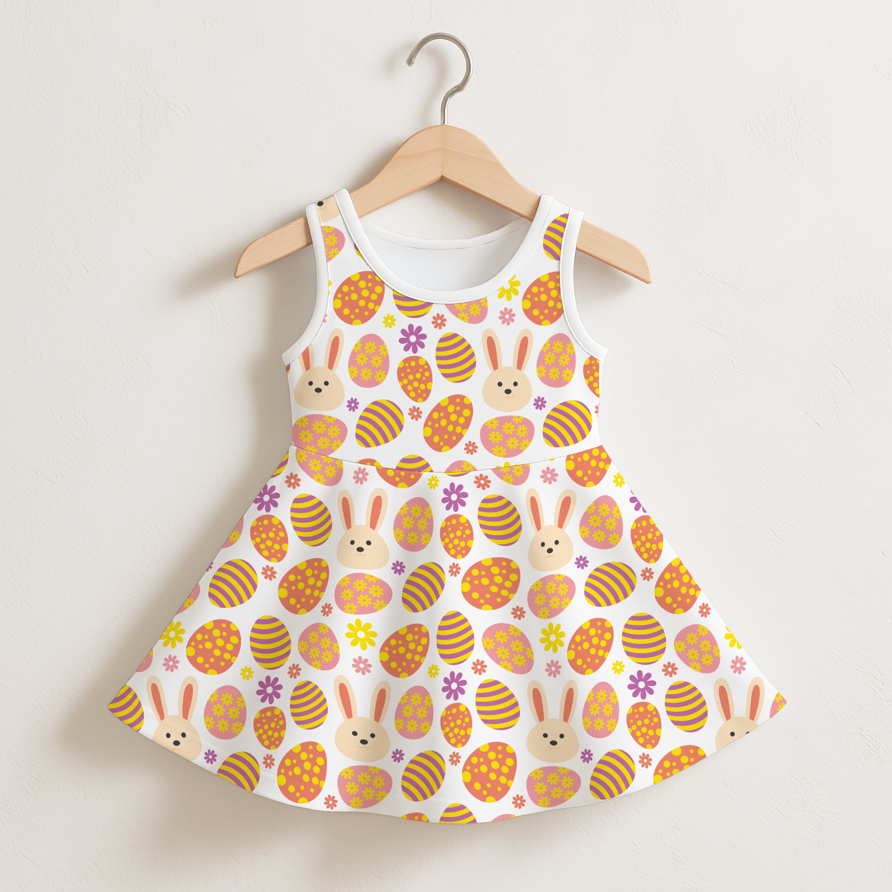 White sleeveless girls dress with orange and yellow striped easter eggs bunny faces and purple flowers pattern
