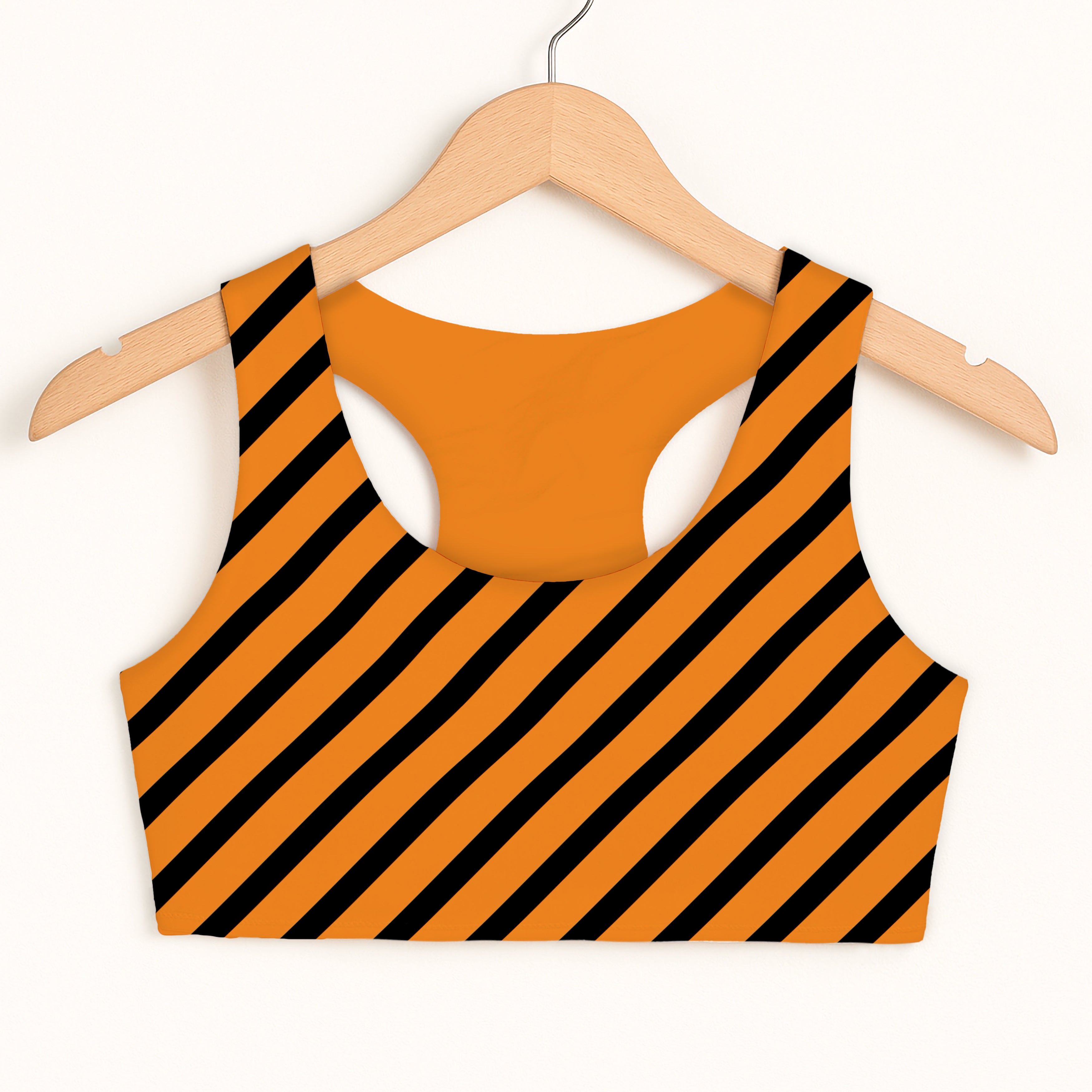 Girls Orange & Black Diagonal Striped Halloween Sports Bra - Quick Drying, Double Layered Comfort