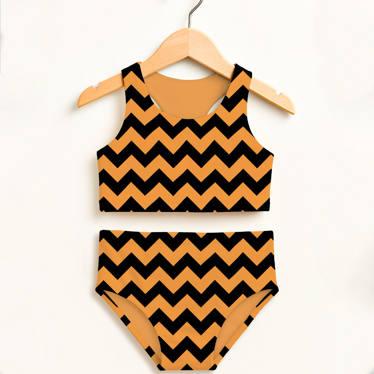 Girls Orange Chevron Halloween Two Piece Swimsuit – Double Layered UPF 50+ High Waisted Comfort