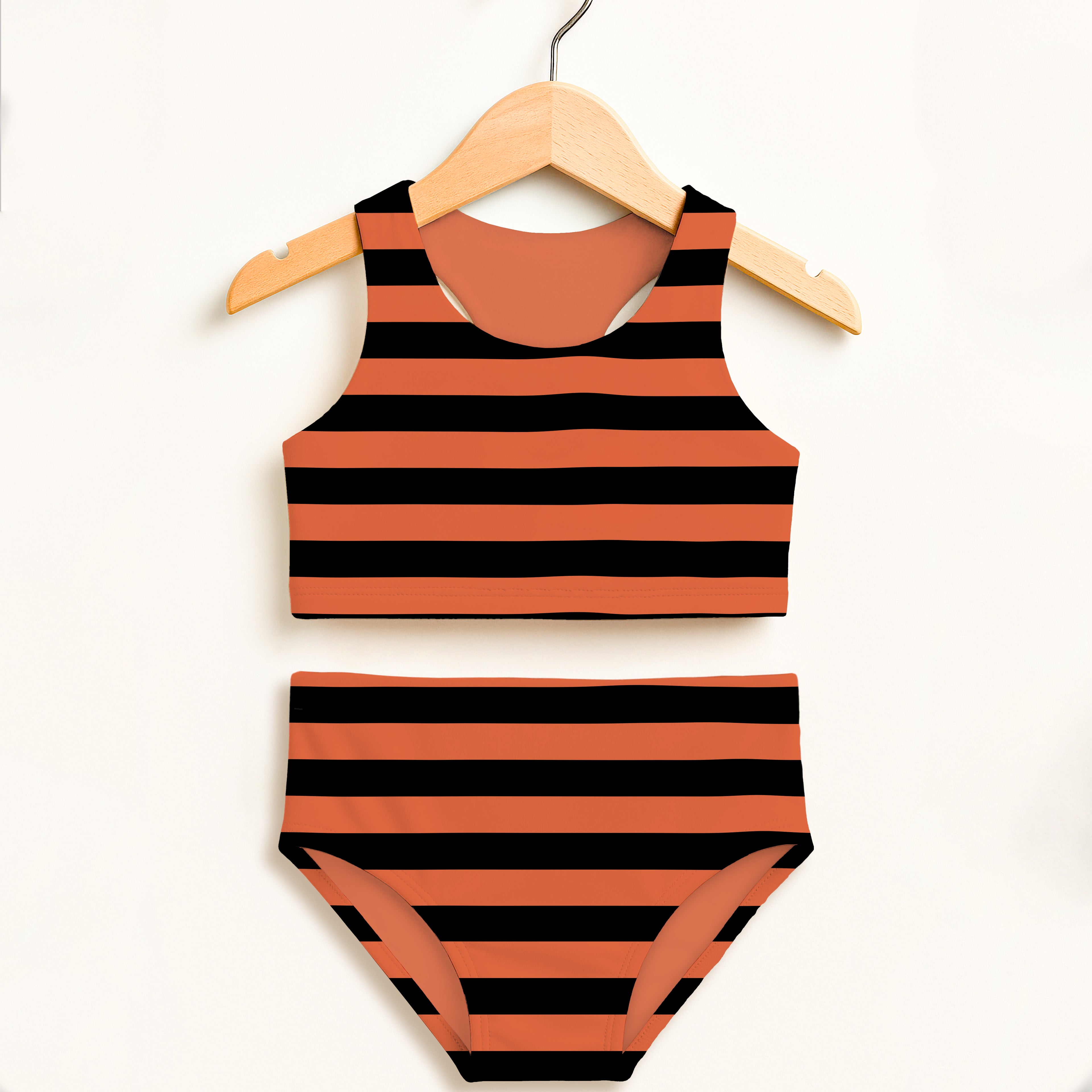 Girls Orange Black Striped Halloween Two Piece Swimsuit – Double Layered UPF 50+ High Waisted Comfort