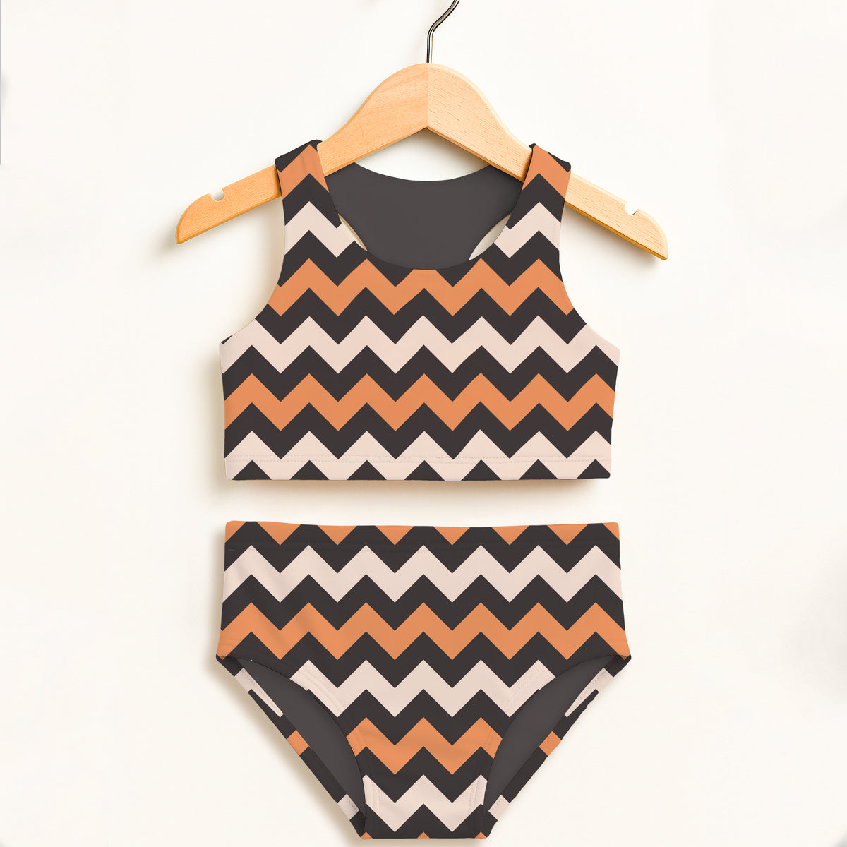 Girls Orange, Black & Cream Chevron Halloween Two Piece Swimsuit – Double Layered UPF 50+ High Waisted Comfort