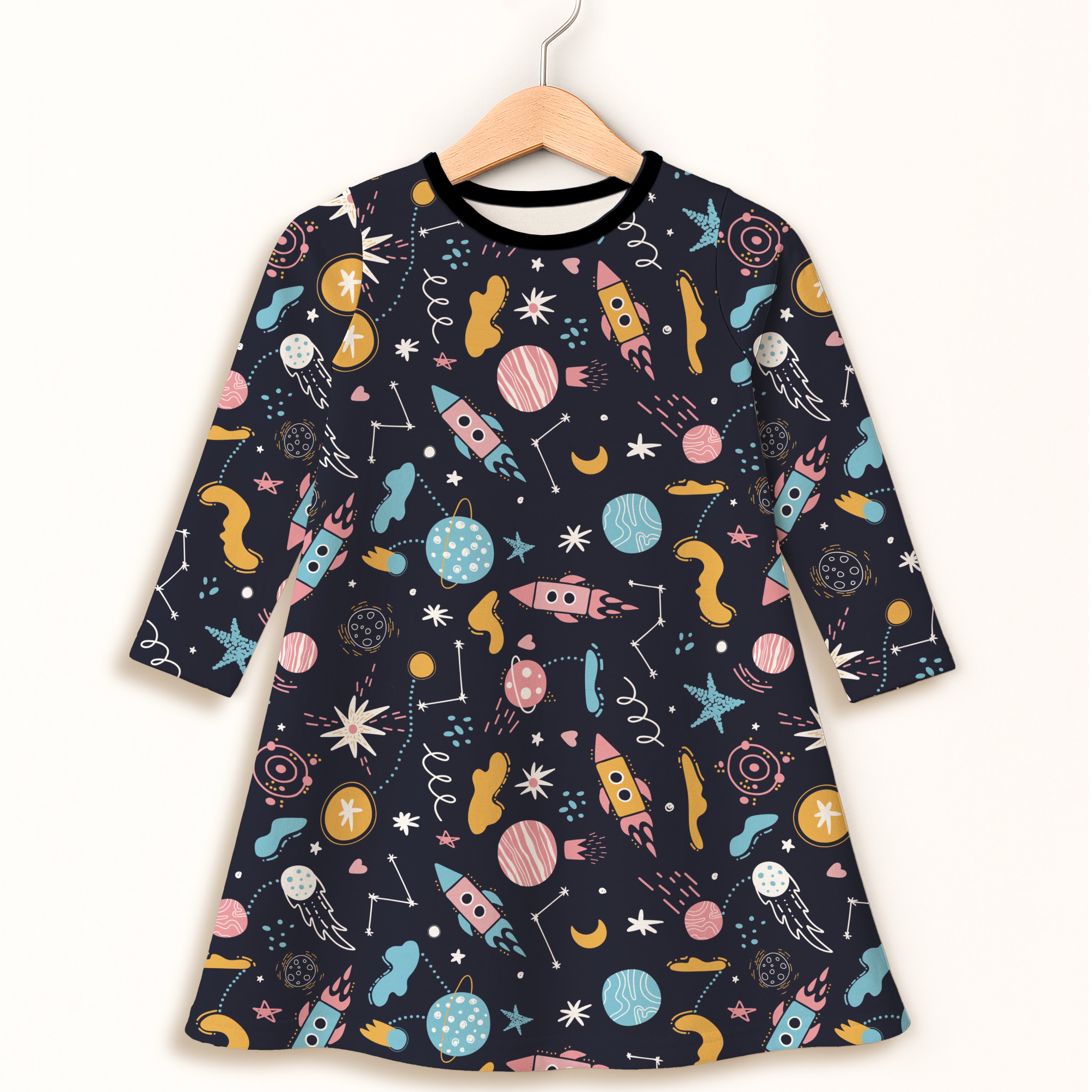 Girls outer space long sleeve dress in navy blue with colorful pastel rockets planets stars and moons pattern