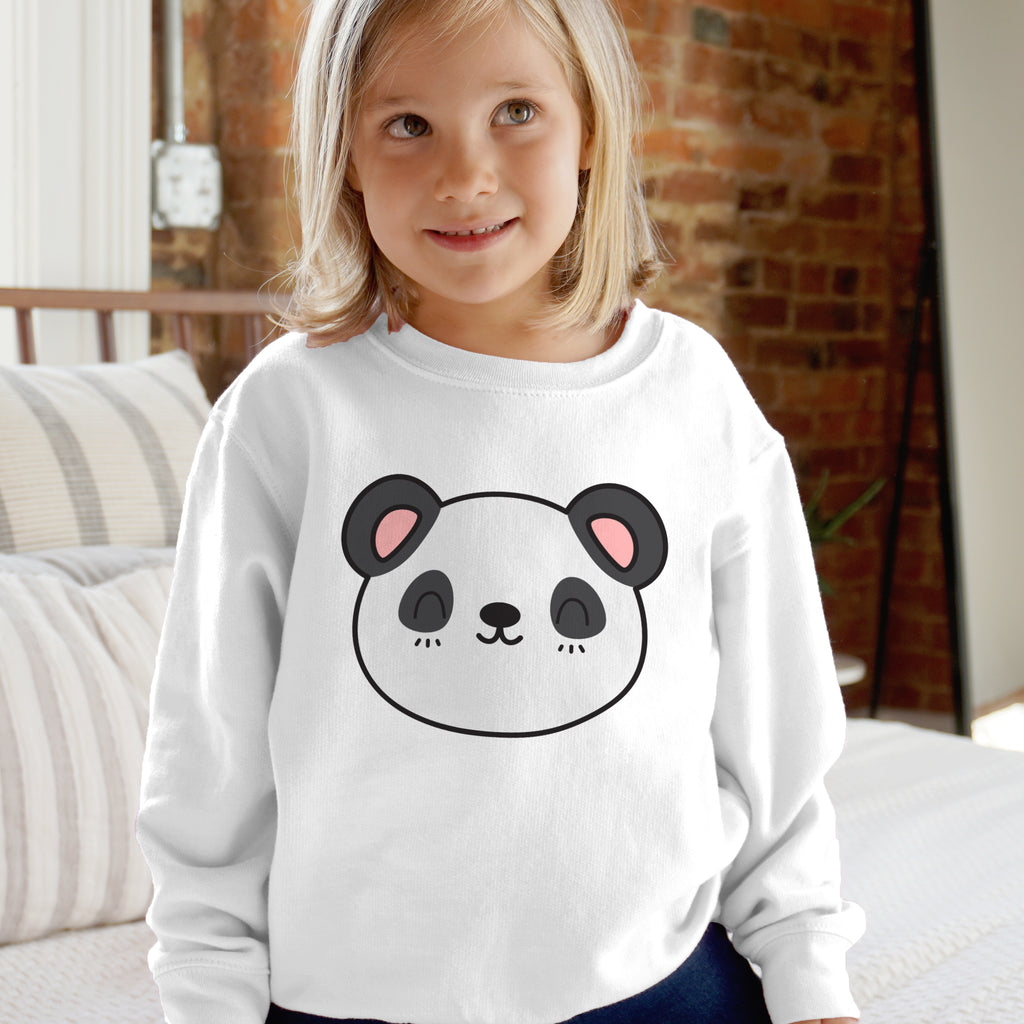 White long-sleeved kids panda sweatshirt with cartoon panda face graphic and fleece pullover for girls and boys