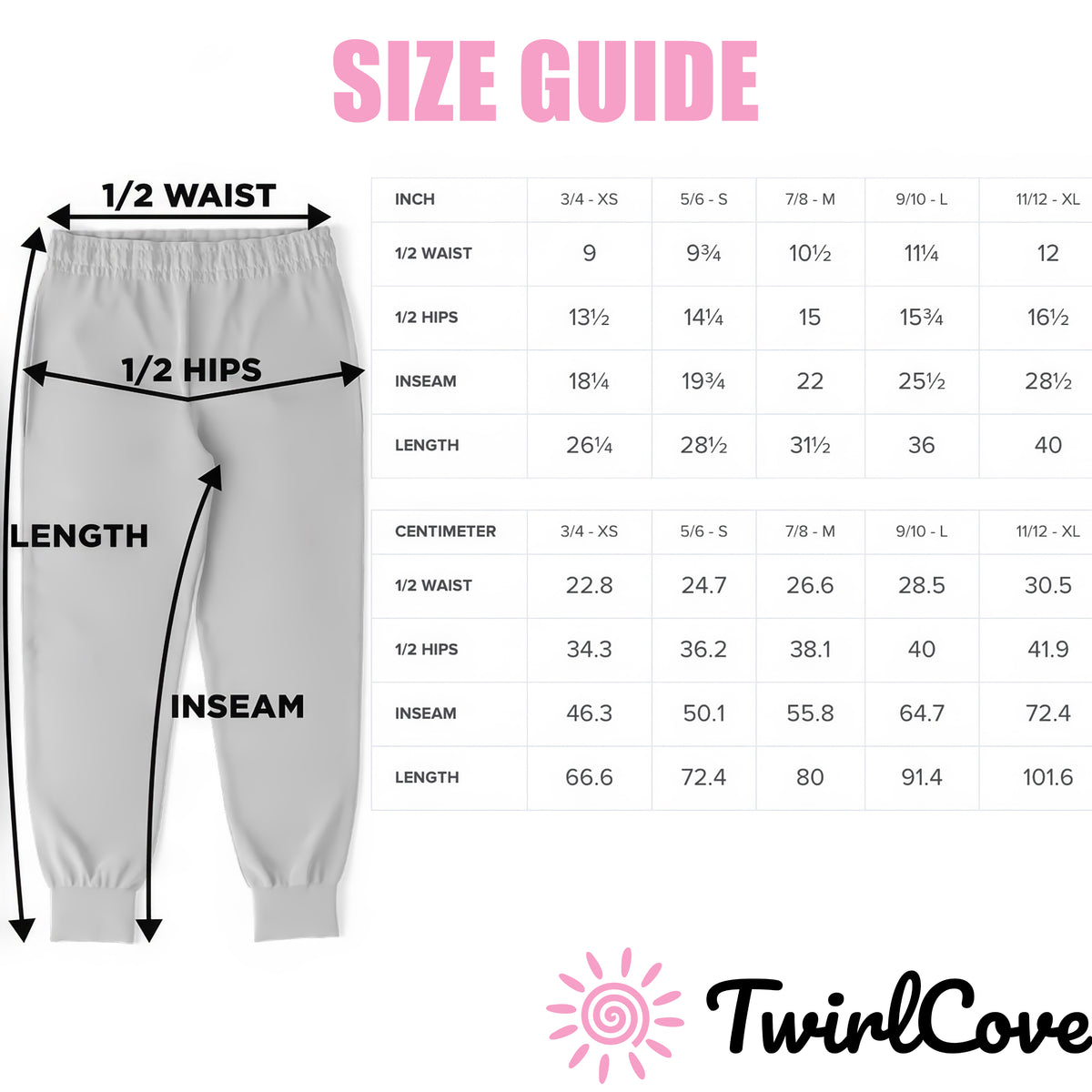 Size guide for Girls Purple Corgi Dog Jogger Pants