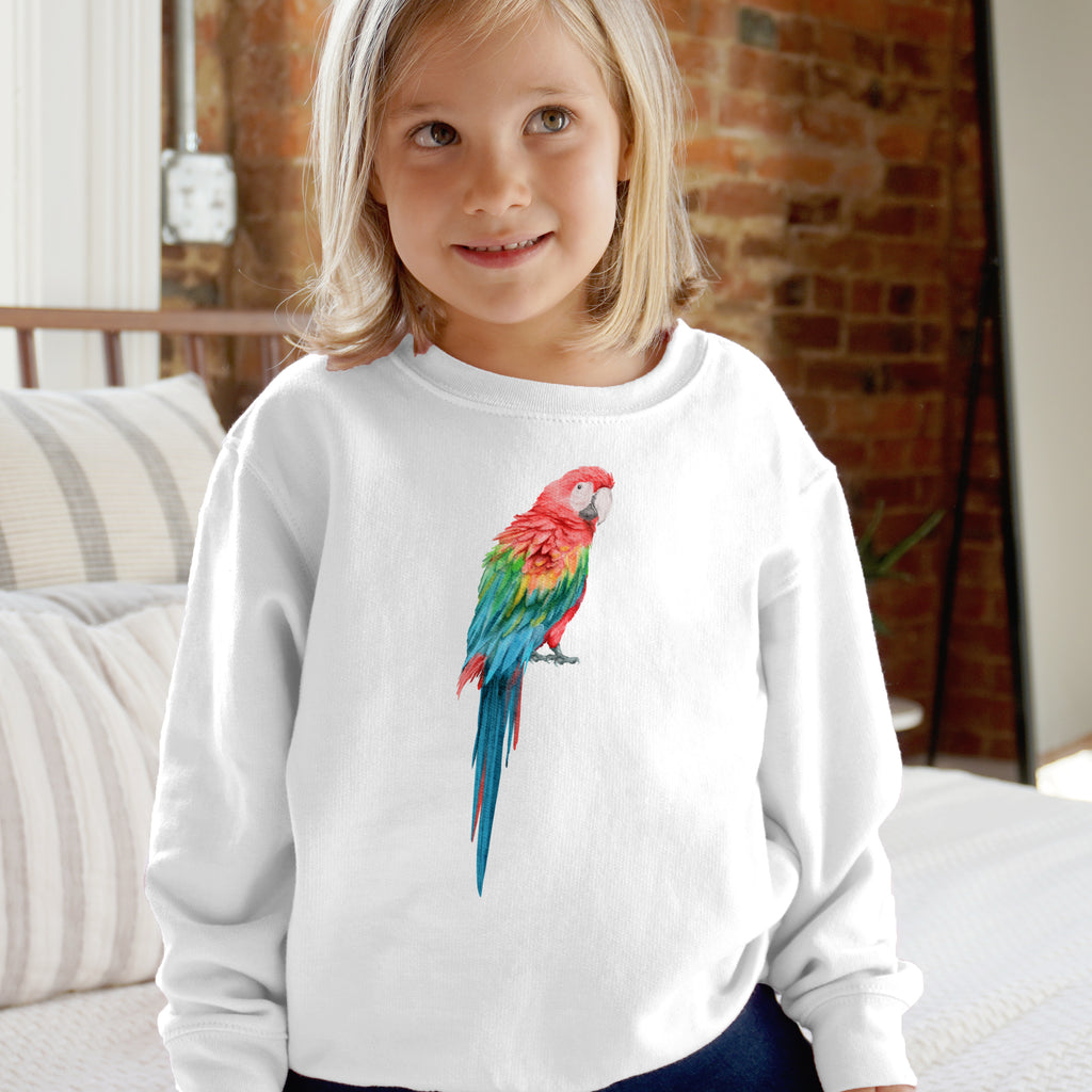 White long-sleeved sweatshirt for kids with a vibrant red and green macaw parrot graphic on the front