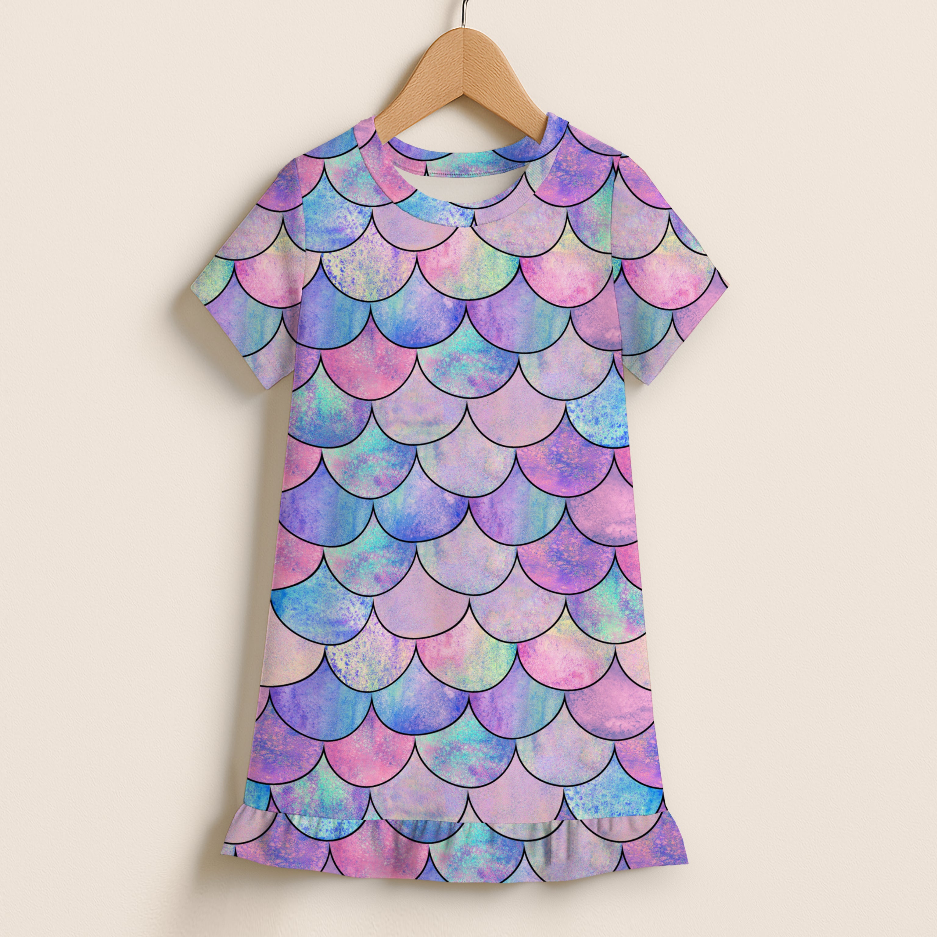 Girls Pastel Mermaid Short Sleeve Ruffle Hem Dress