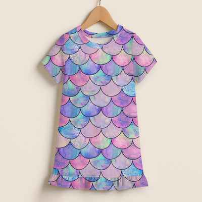 Girls Pastel Mermaid Short Sleeve Ruffle Hem Dress