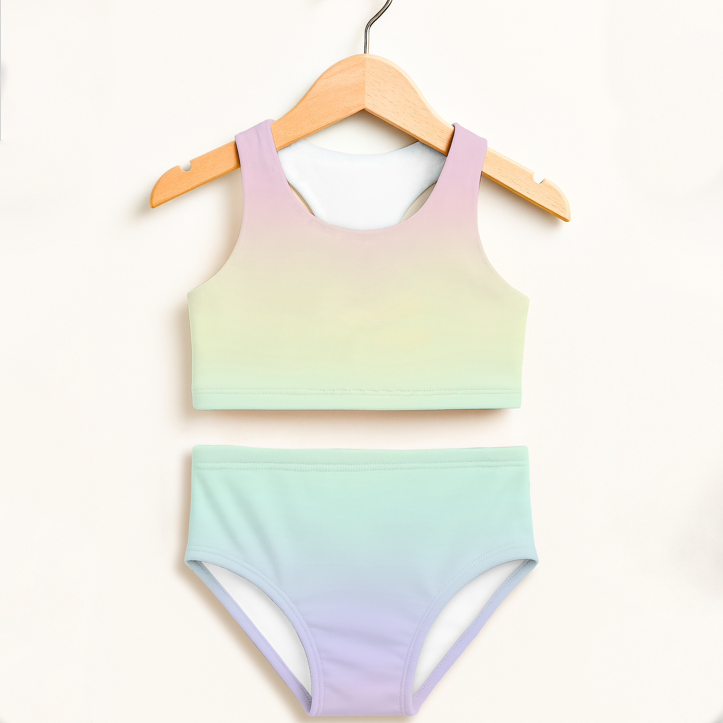Girls Pastel Rainbow Two Piece Swimsuit – High Waisted, Double Layered Comfort