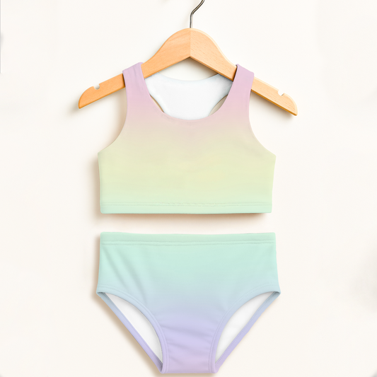 Girls Pastel Rainbow Two Piece Swimsuit – High Waisted, Double Layered Comfort
