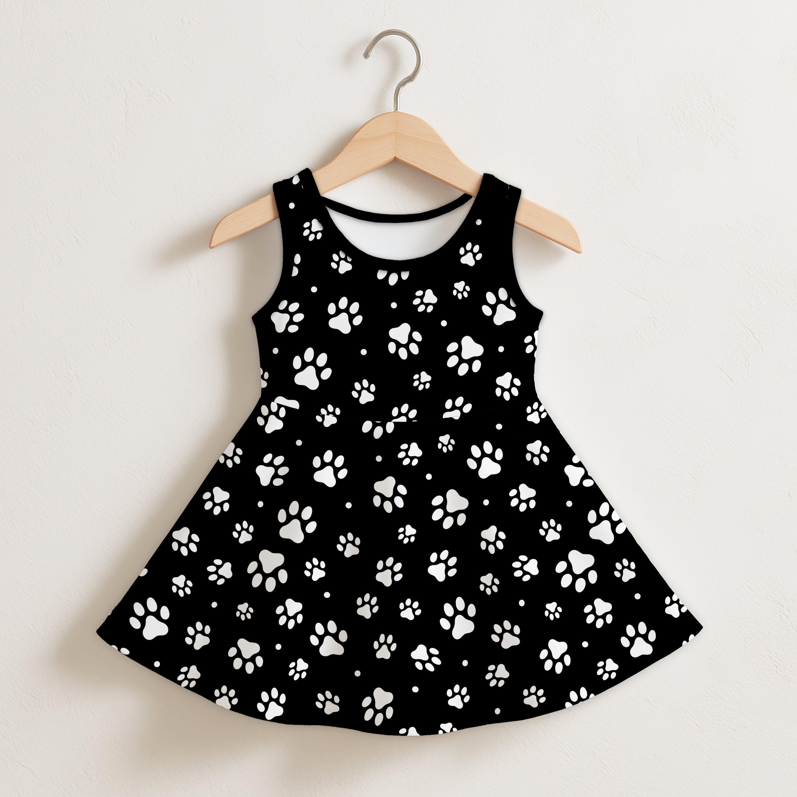 Girls Black and White Paw Print Sleeveless Dress