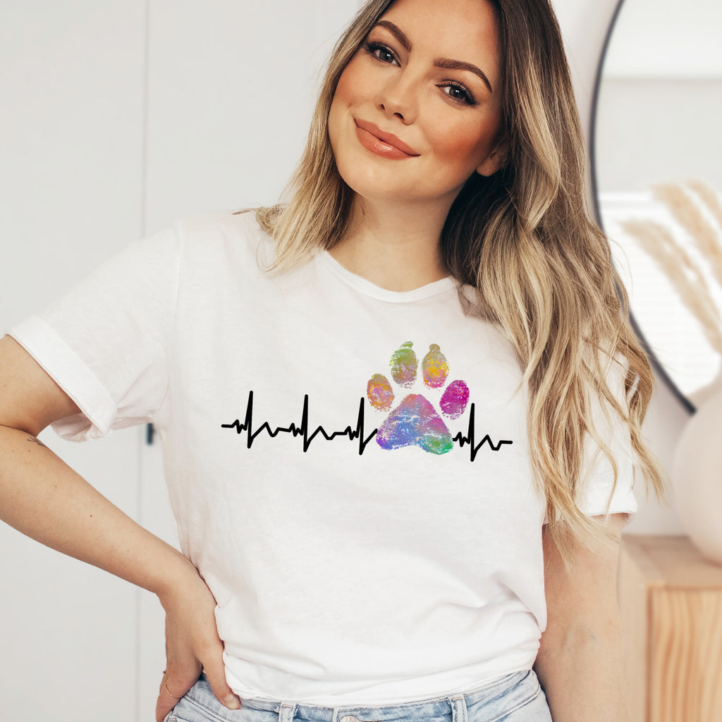 Veterinarian Colorful Paw Print Heartbeat T-Shirt - Soft Lightweight Cotton Pre-Shrunk Tee