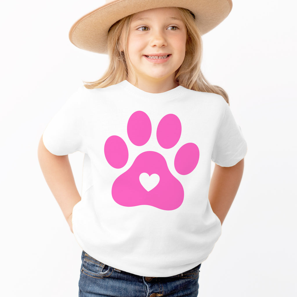 Girls Pink Paw Print T-Shirt - Soft Lightweight Cotton Tee