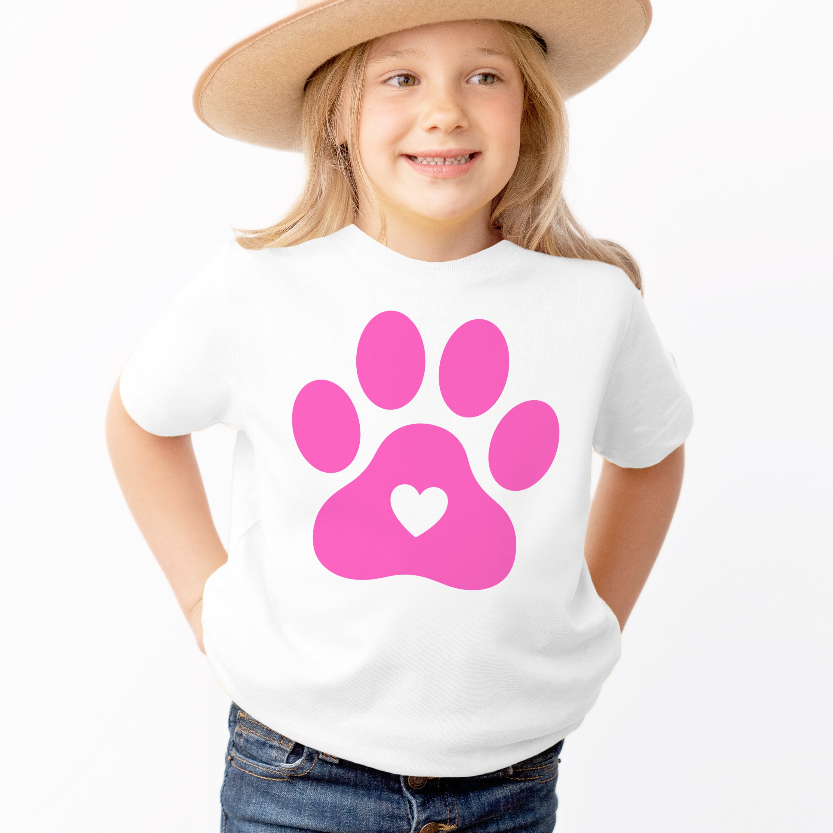 Girls Pink Paw Print T-Shirt - Soft Lightweight Cotton Tee