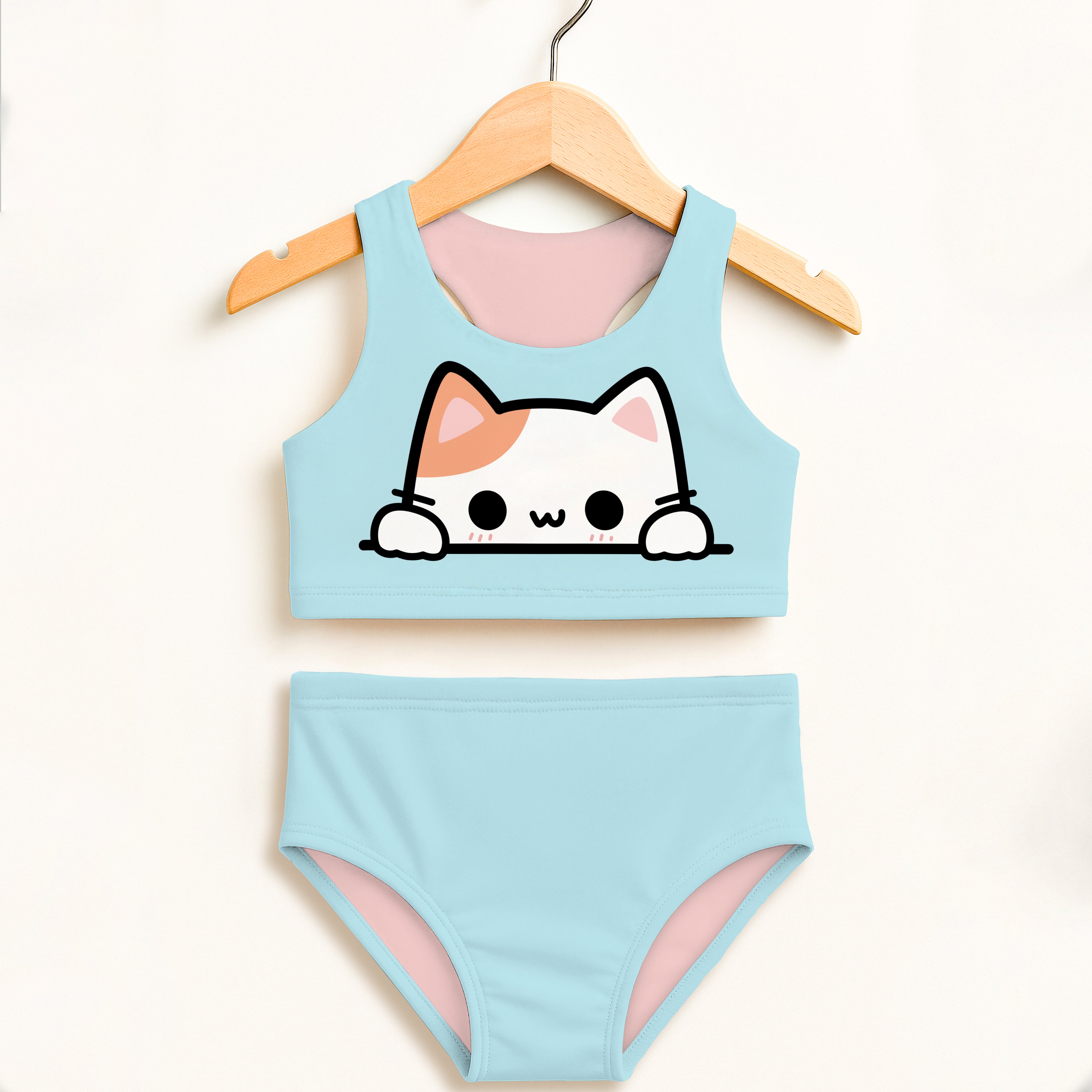 Light blue girls two-piece swimsuit with cartoon cat design peeking over top pink lining double layered upf 50+ high waisted