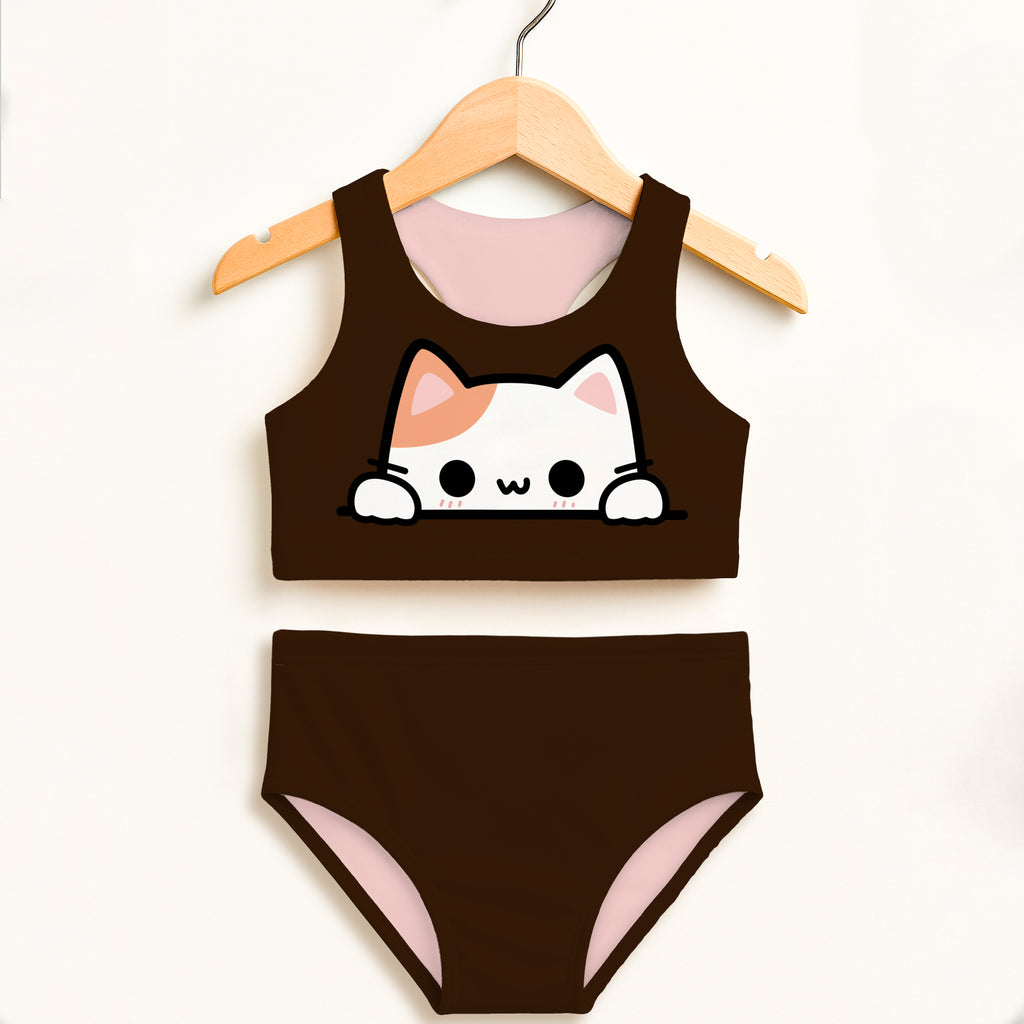 Girls peeking cat two piece swimsuit with brown cat design pink lining double layered upf 50+ high waisted comfort