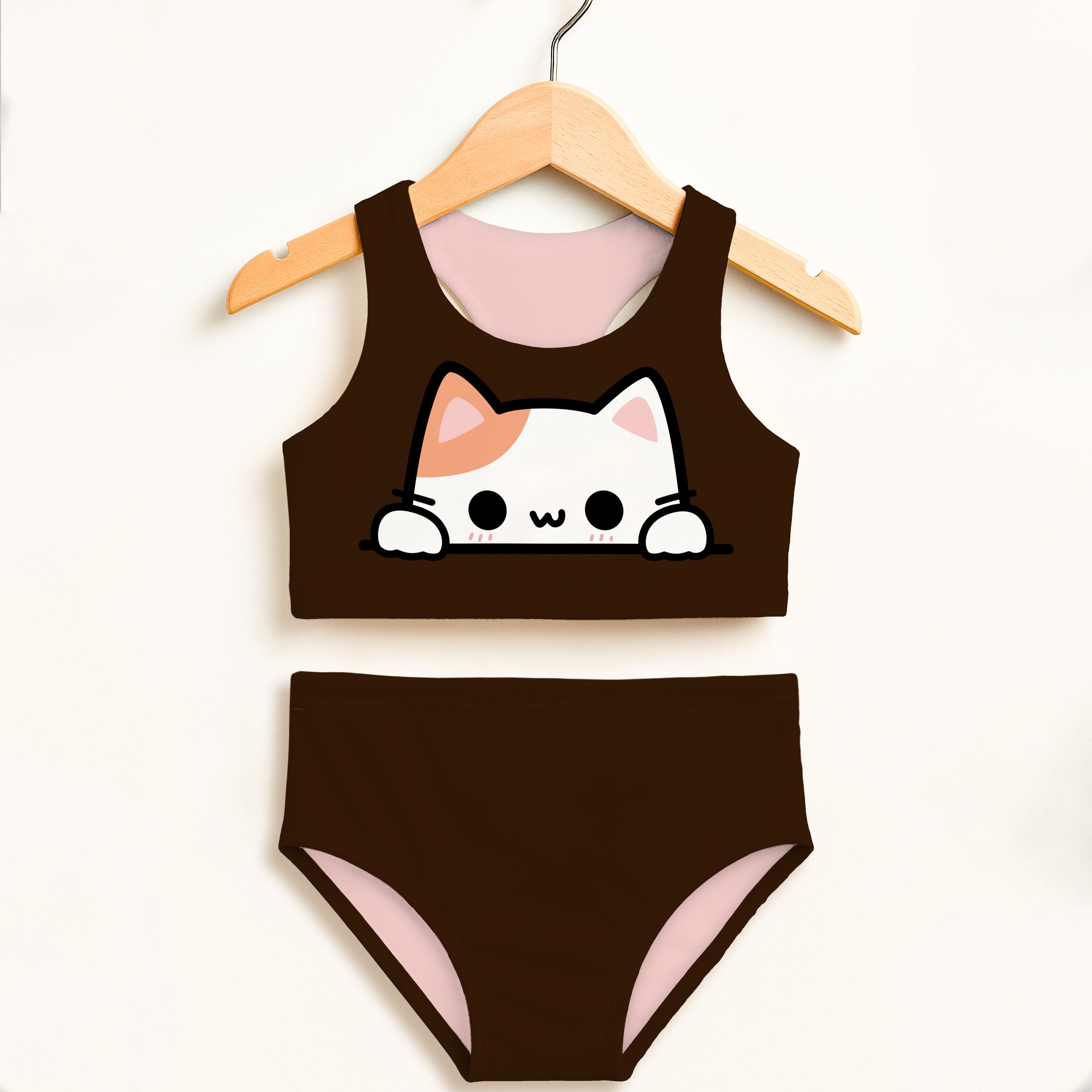 Girls peeking cat two piece swimsuit with brown cat design pink lining double layered upf 50+ high waisted comfort