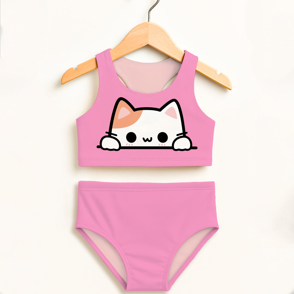 Pink girls two-piece swimsuit with double layered high waisted comfort and cute cartoon cat design on the top