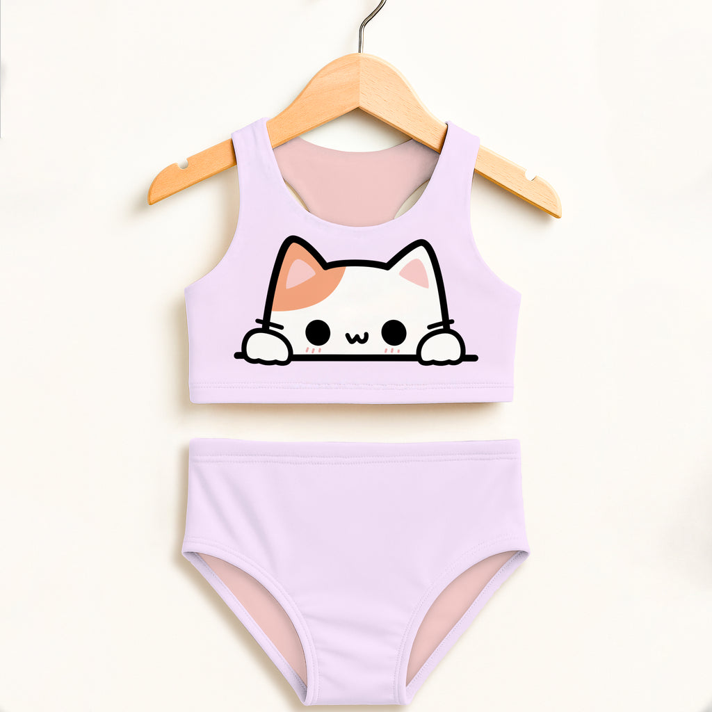 Girls lavender two piece swimsuit with peeking cat design double layered upf 50 high waisted comfort