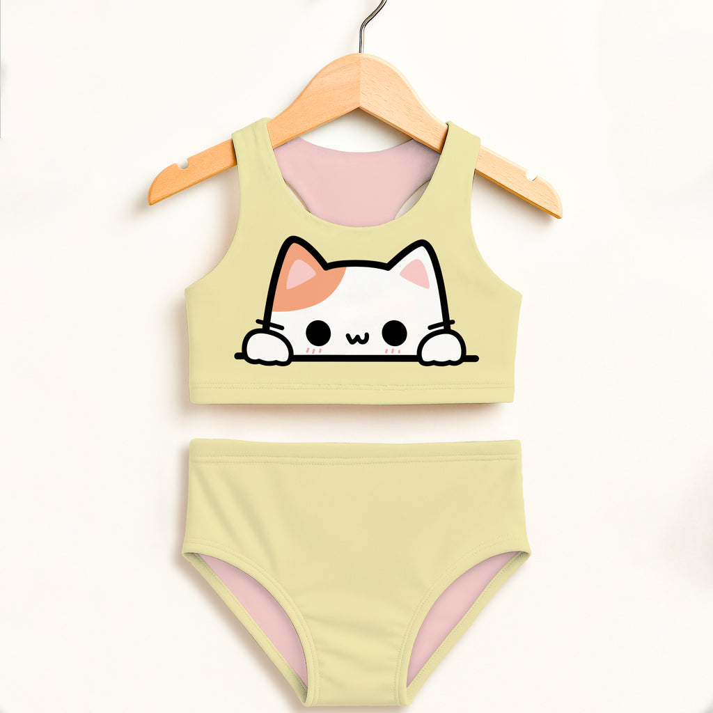 Pastel green cat-themed girls two-piece swimsuit with pink lining double layered upf 50 plus high waisted comfort