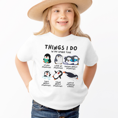 Kids 'Things I Do In My Spare Time' Penguin T-Shirt - Soft Lightweight Cotton Tee
