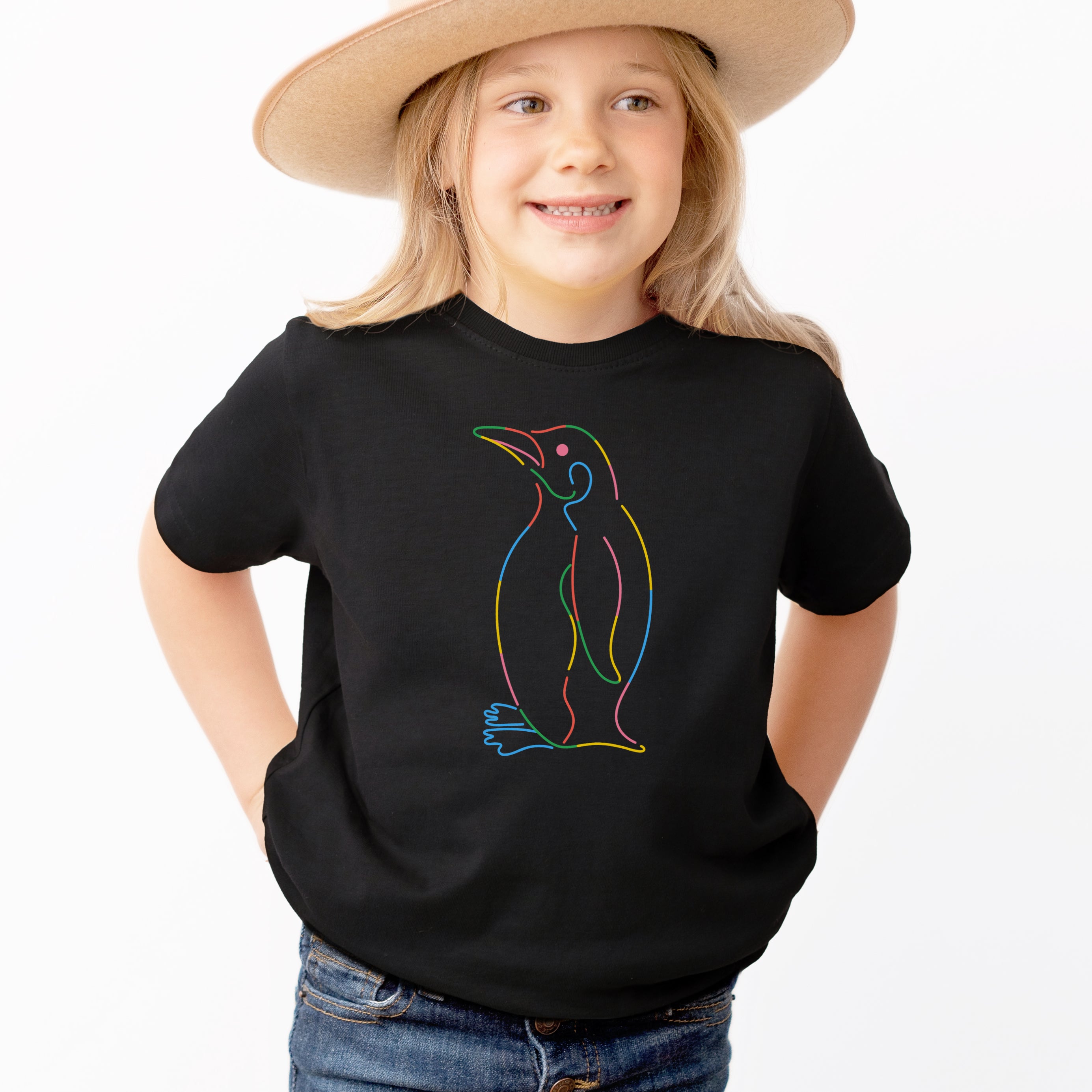 Kids Colorful Penguin Outline T-Shirt - Soft Lightweight Cotton Tee