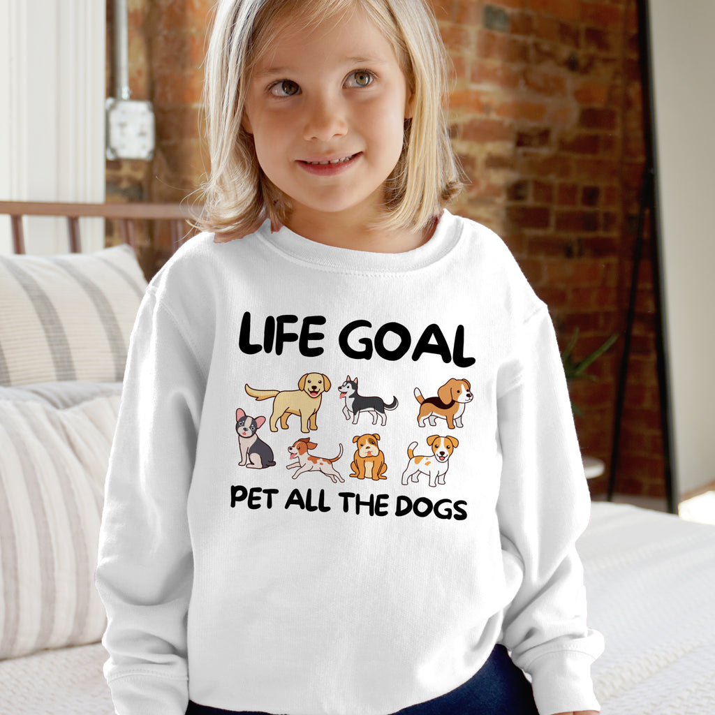 Kids white long-sleeved sweatshirt with life goal pet all the dogs text and cartoon dog breeds illustration
