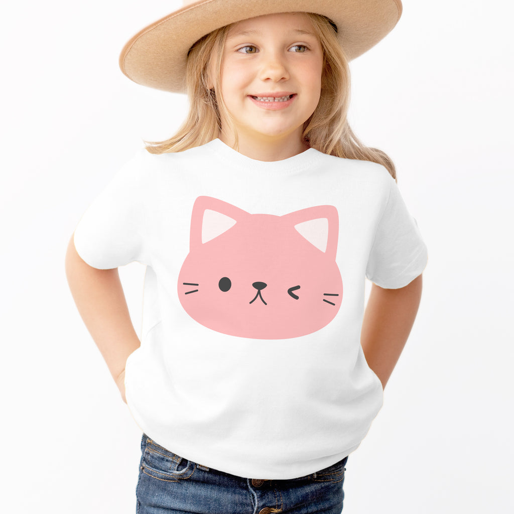 Kids Winking Pink Cat T-Shirt - Soft Lightweight Cotton Tee