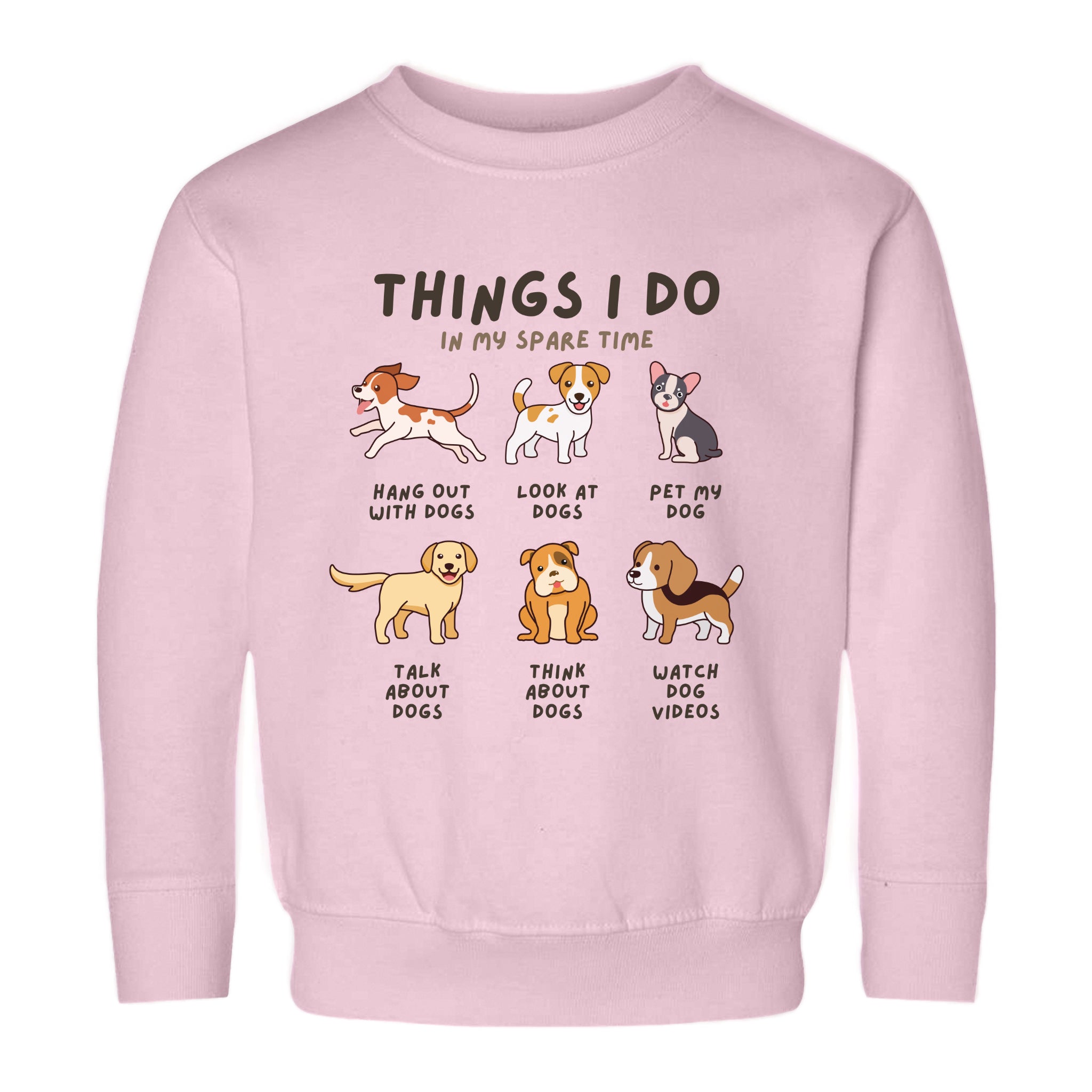 pink sweatshirt with text and illustrations of dogs, indicating favorite activities 'Things I Do In My Spare Time'.