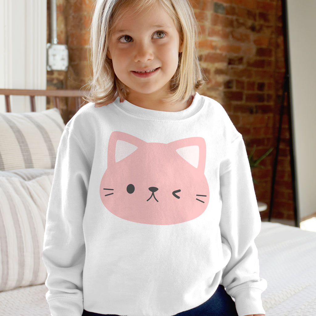 Girls Pink Cat Sweatshirt – Cute Winking Kitty Fleece Pullover for Kids
