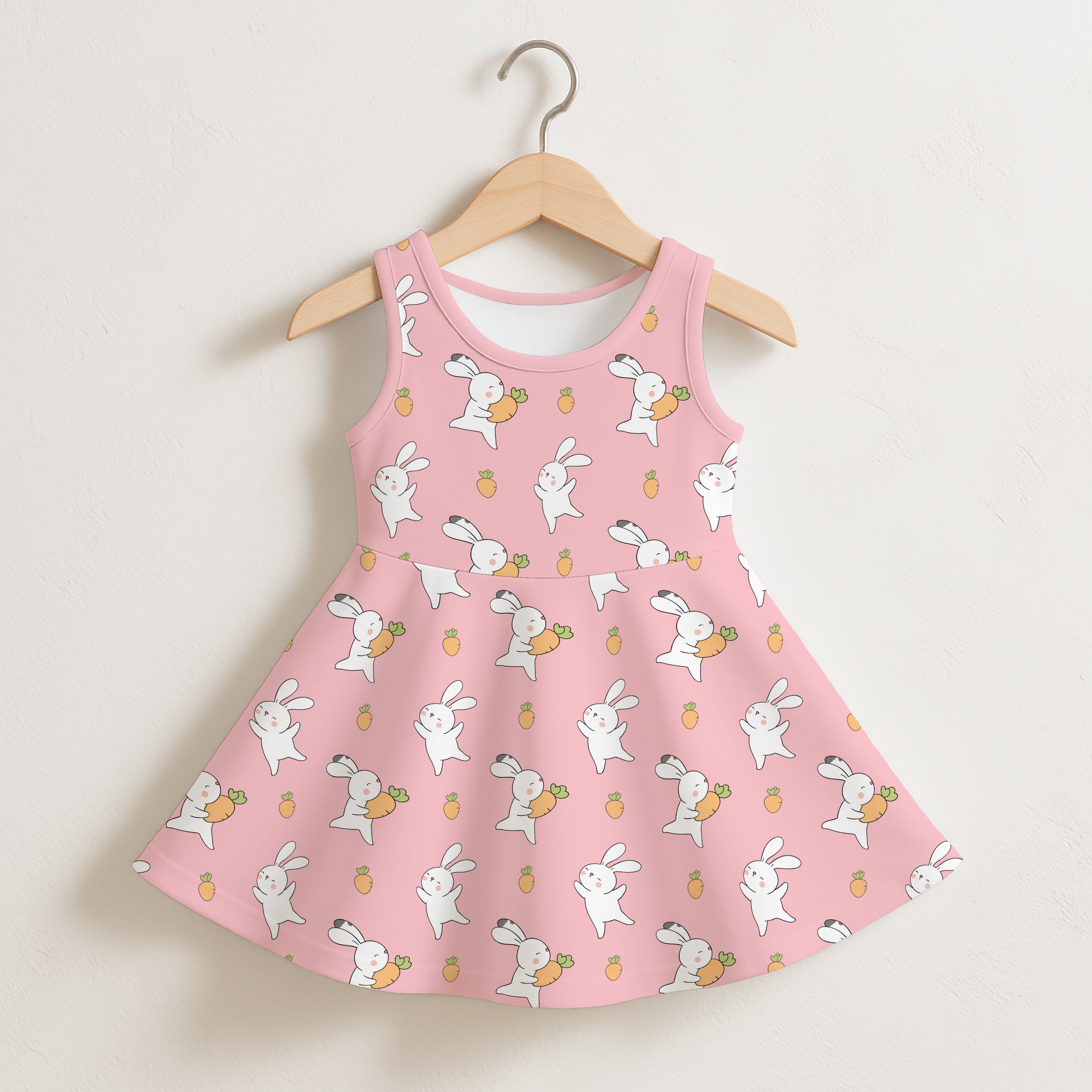Girls pink sleeveless dress with a playful white bunny and carrot pattern perfect for casual wear
