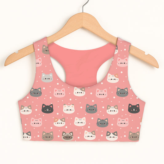 Girls Pink Cat Sports Bra — Quick Drying, Double Layered Comfort