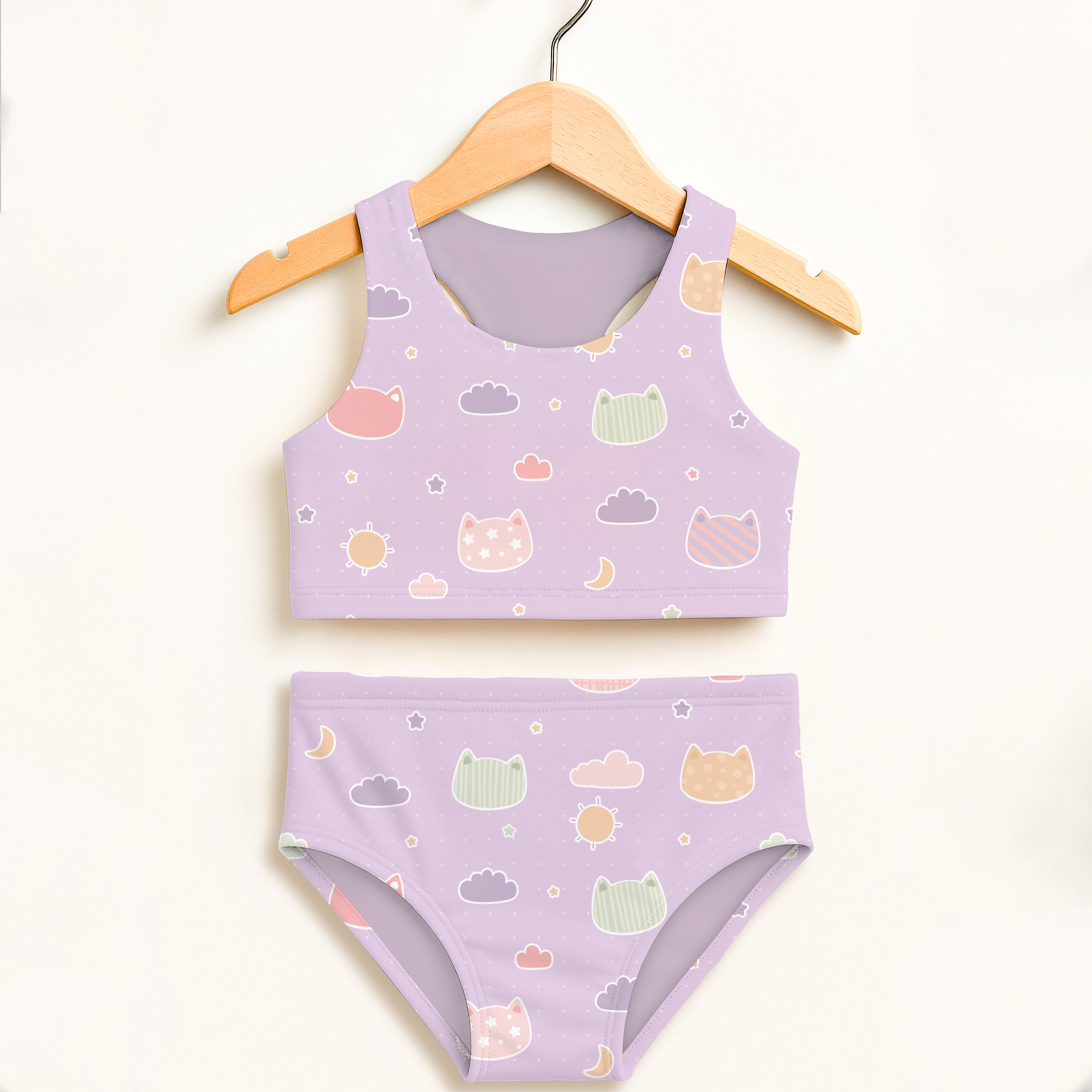 Girls pastel purple kawaii cats and clouds two-piece swimsuit with double layered upf 50 high waisted comfort