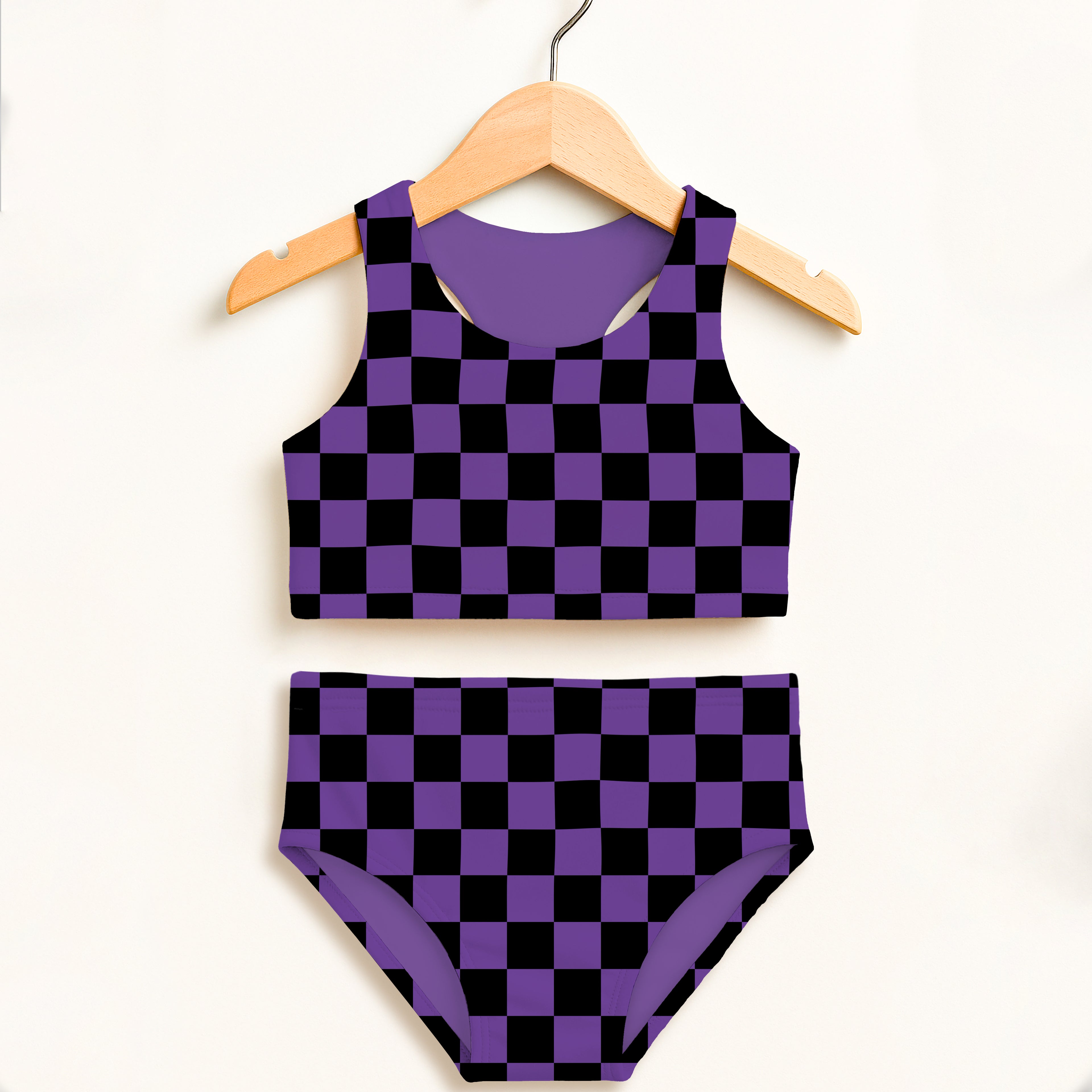 Girls Purple Checkered Halloween Two Piece Swimsuit – Double Layered UPF 50+ High Waisted Comfort