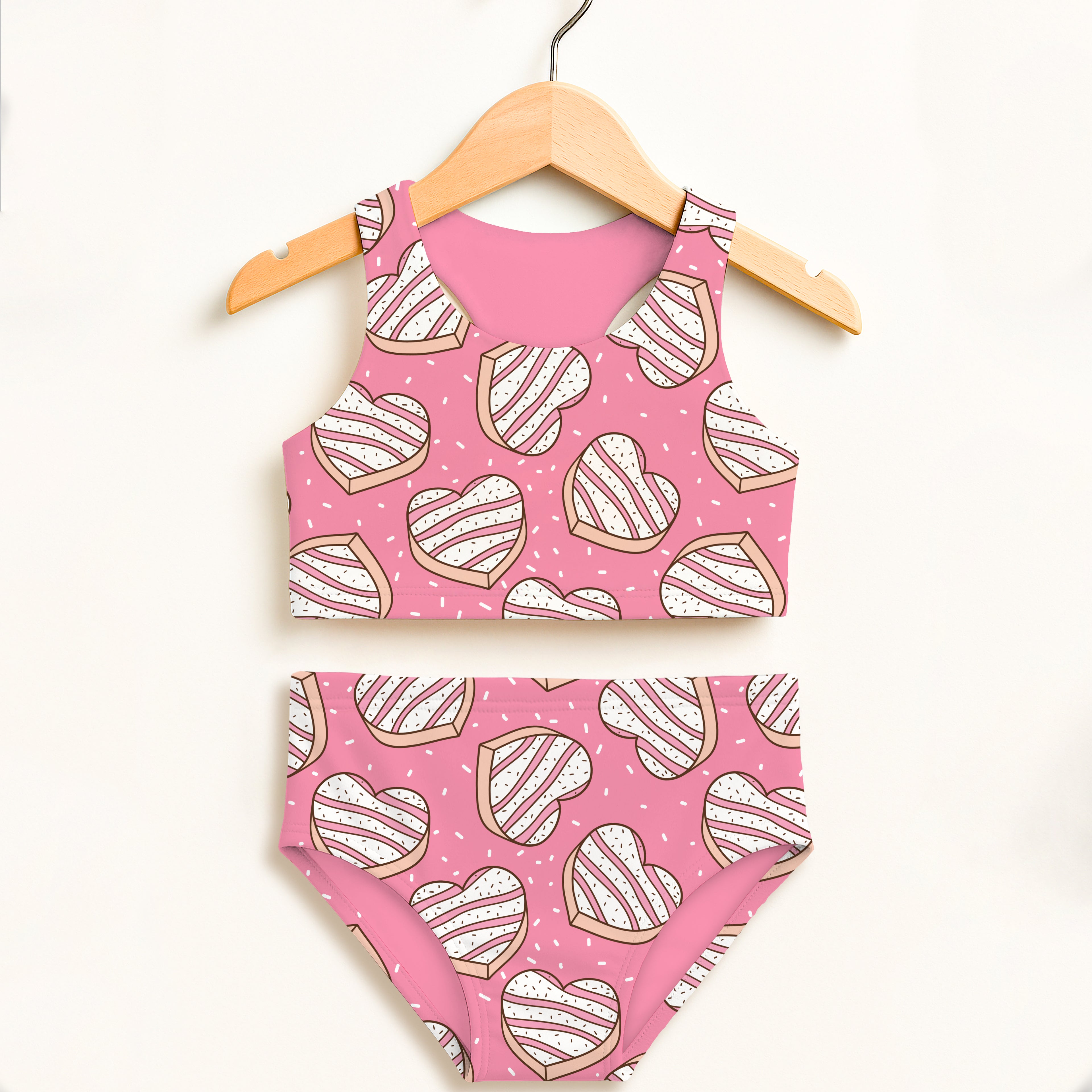 Girls pink heart cookies two piece swimsuit set with pink heart donut print white and beige stripes upf 50+ high waisted