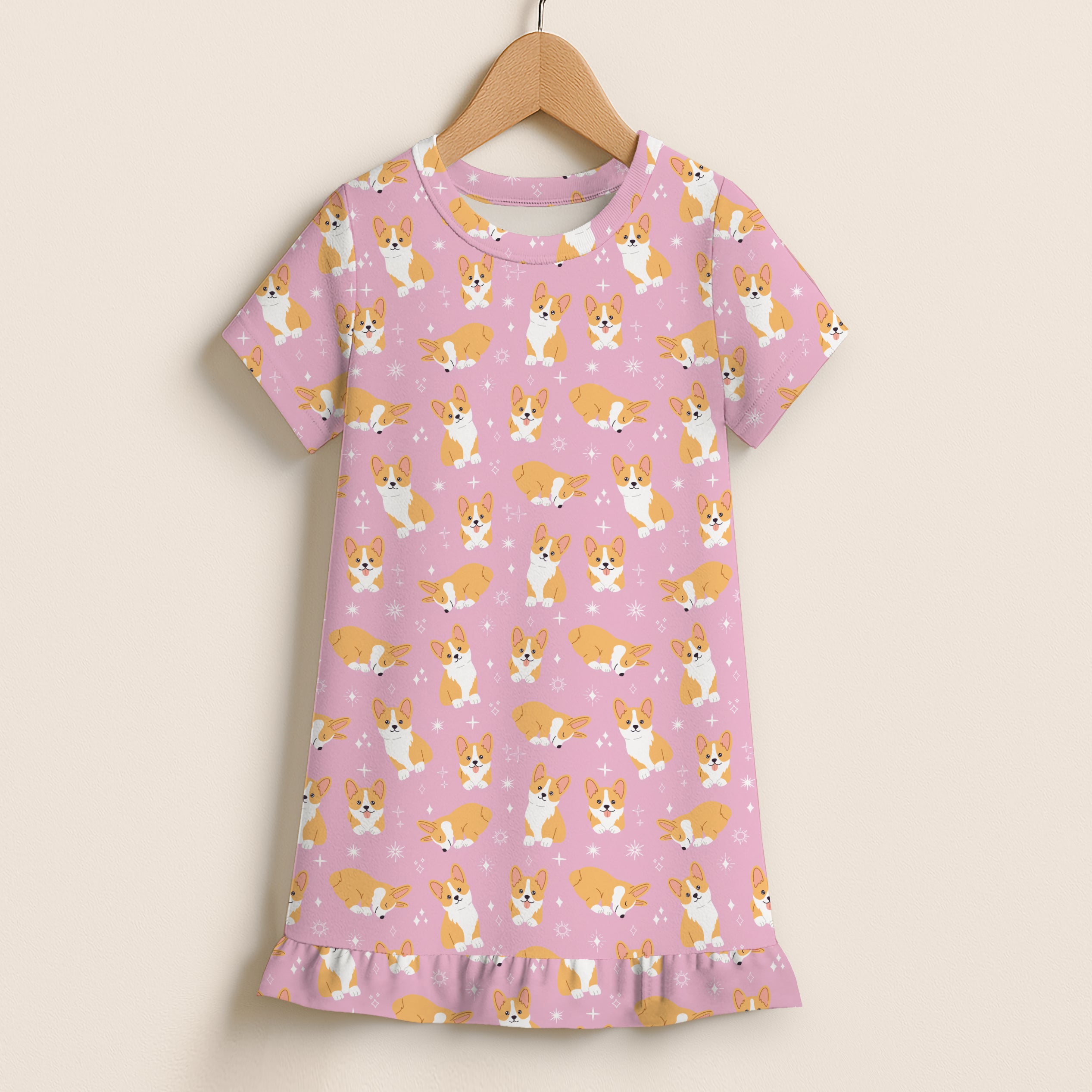 Girls Pink Corgi Short Sleeve Ruffle Hem Dress