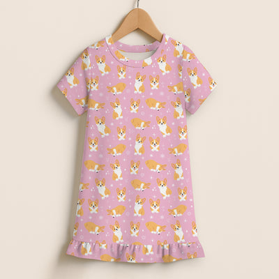 Girls Pink Corgi Short Sleeve Ruffle Hem Dress