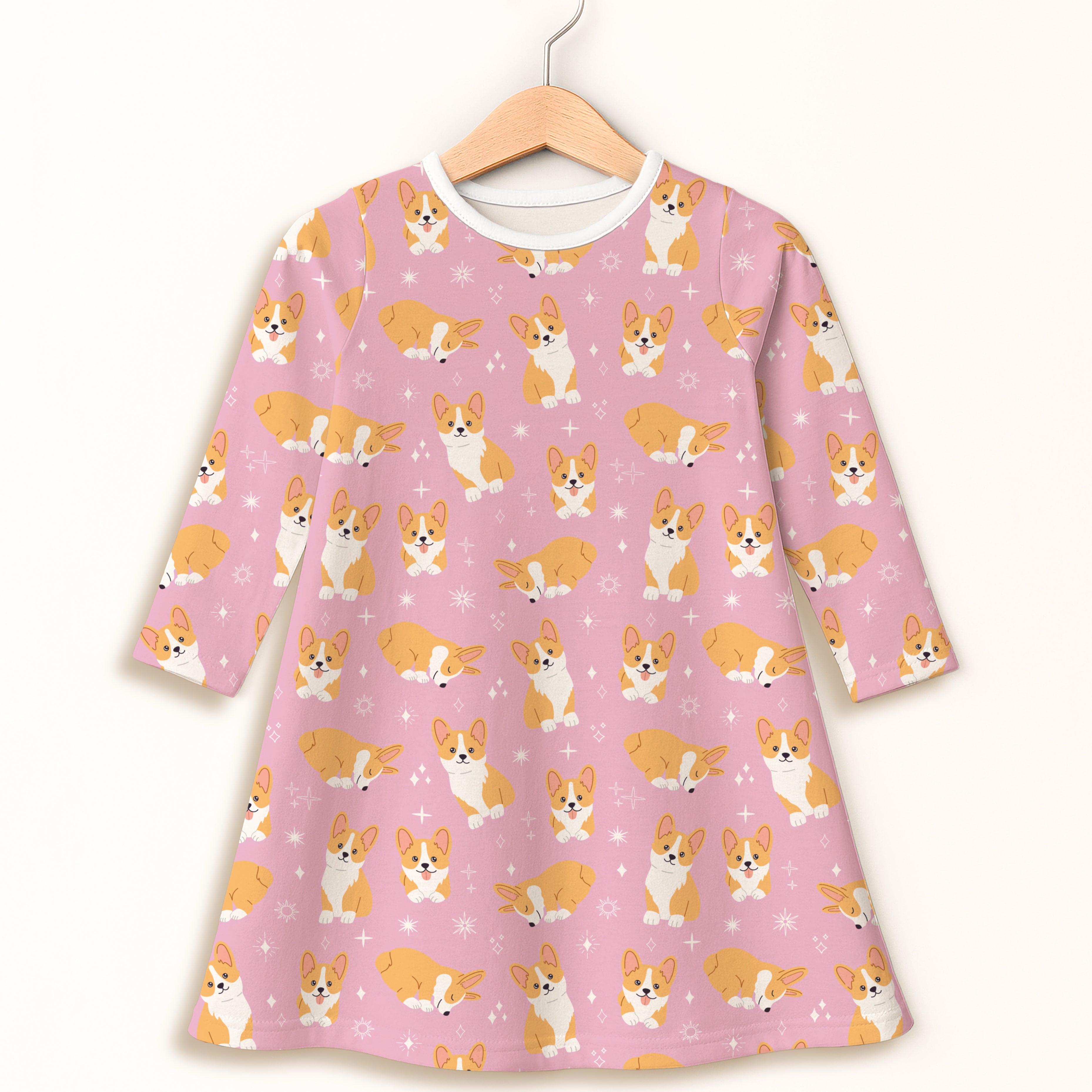 Girls Pink Corgi Dog Long Sleeve Dress
