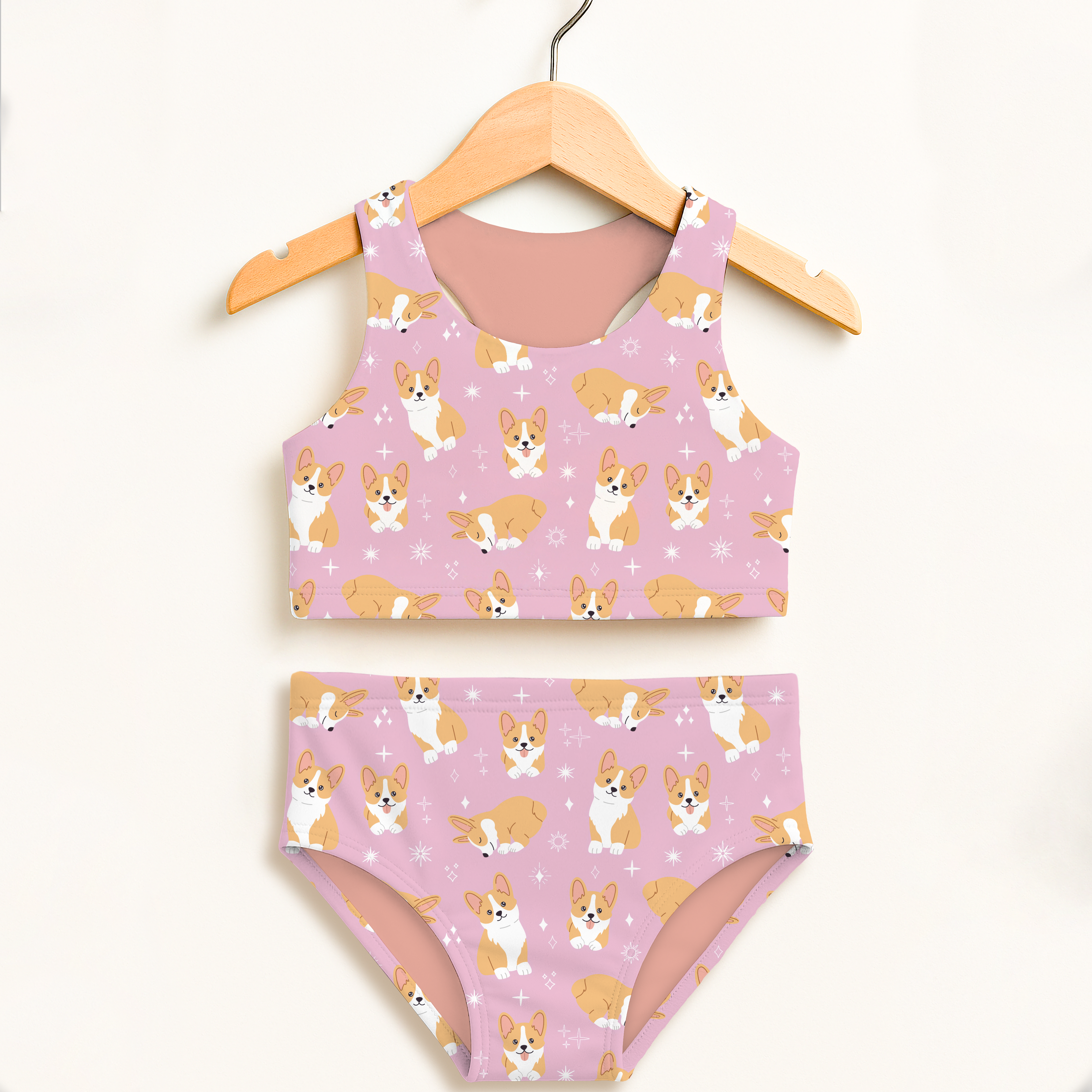 Girls Pink Corgi Dog Two Piece Swimsuit – Double Layered UPF 50+ High Waisted Comfort